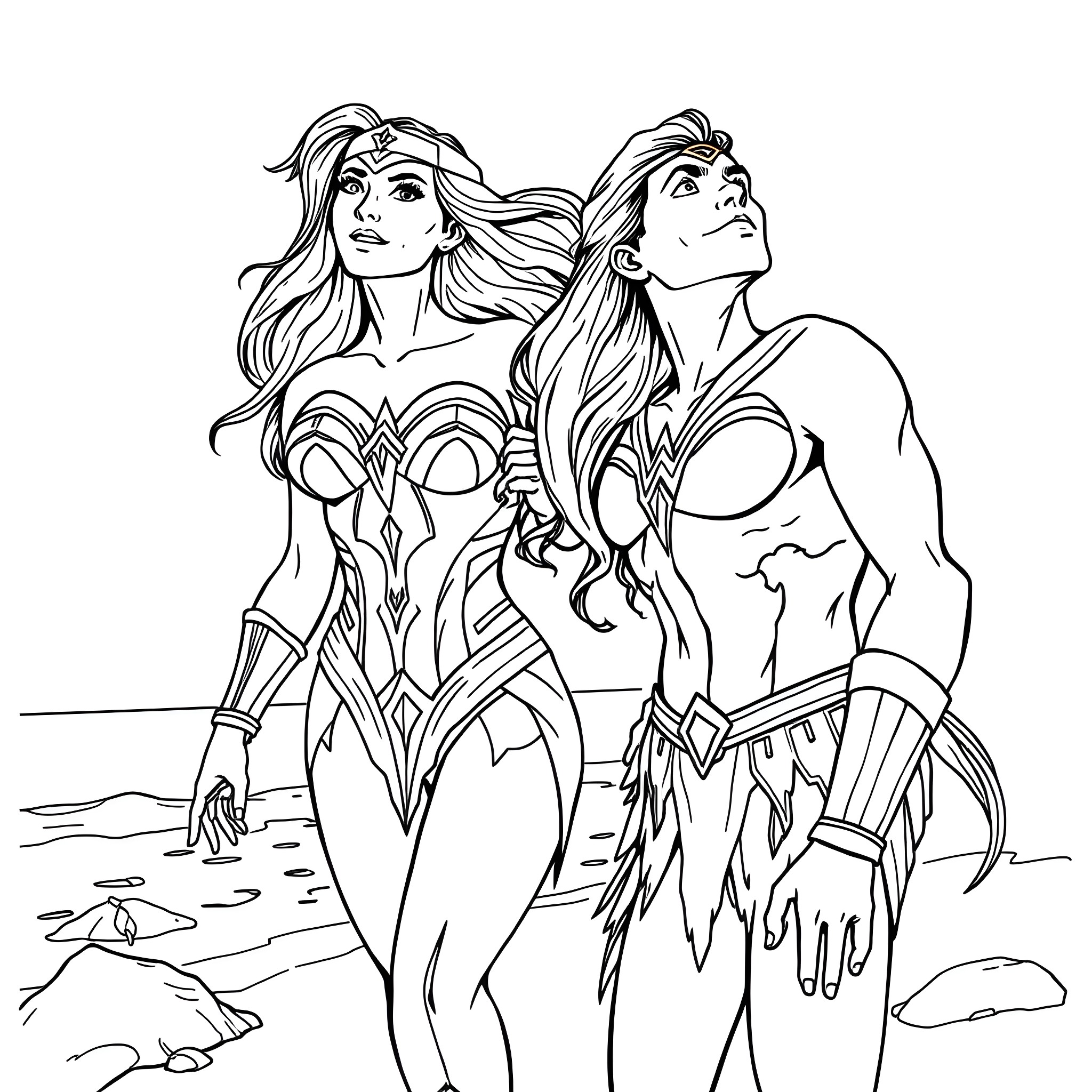 Wonder Woman and Aquaman on a rocky beach Coloring Page (free black-and-white line drawing printable PDF for all, from beginners to advanced learners, including children, teens, adults, and seniors)
