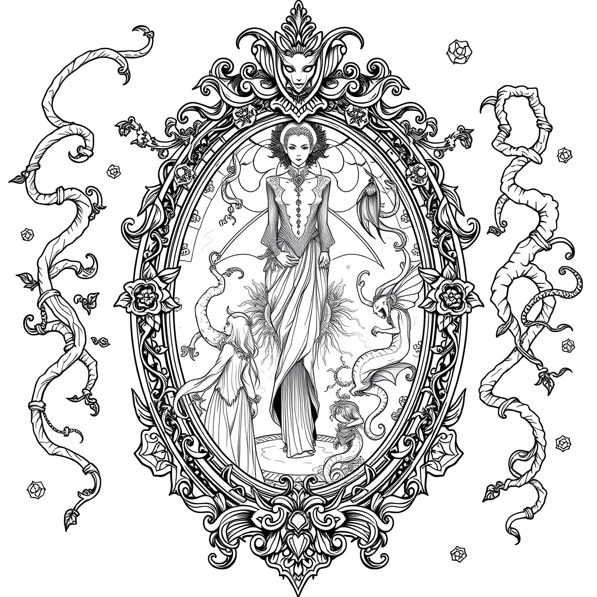 Mirror of Mythical Elegance Coloring Page (free black-and-white line drawing printable PDF for all, from beginners to advanced learners, including children, teens, adults, and seniors)