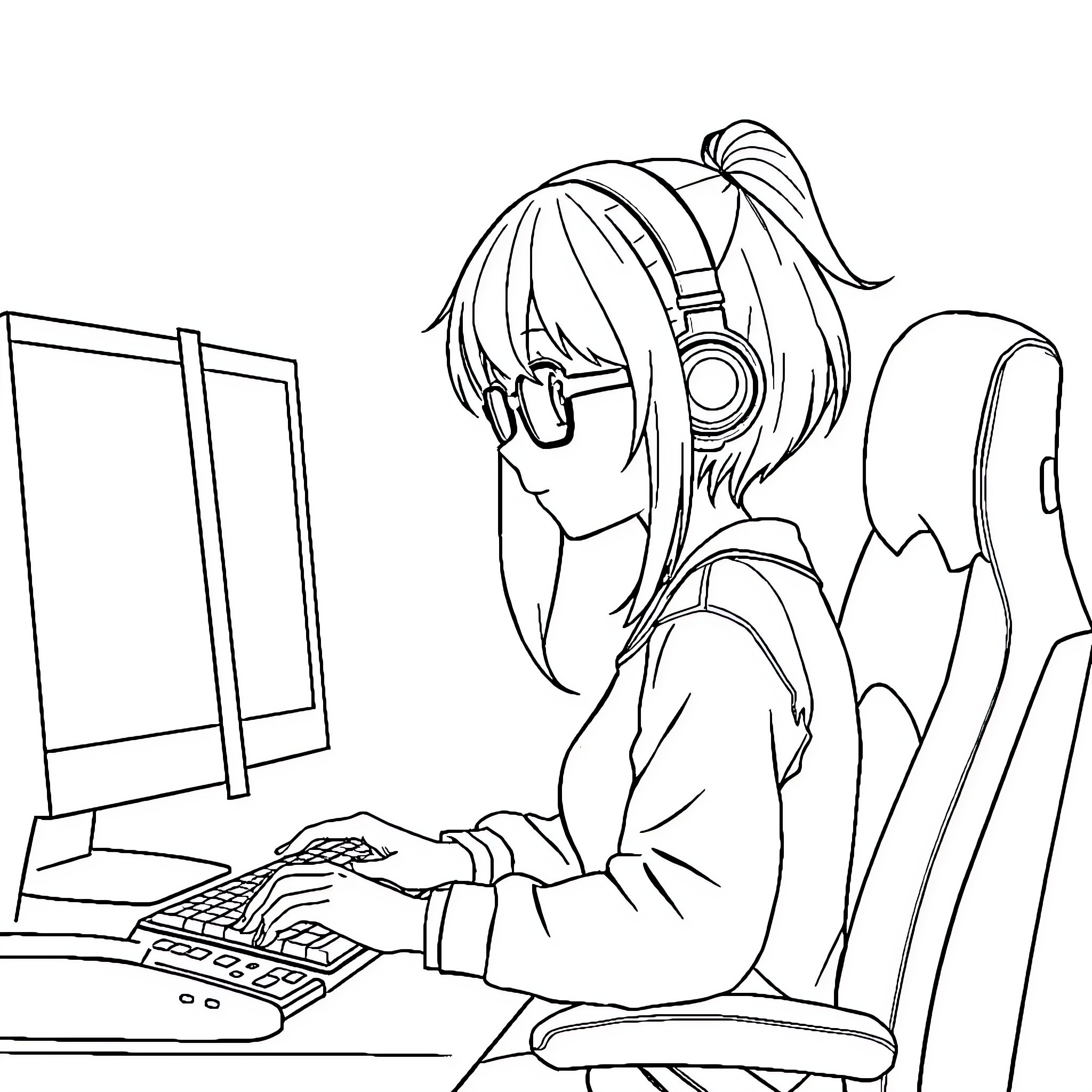 Anime Girl Gaming at Computer with Headphones Coloring Page (free black-and-white line drawing printable PDF for all, from beginners to advanced learners, including children, teens, adults, and seniors)