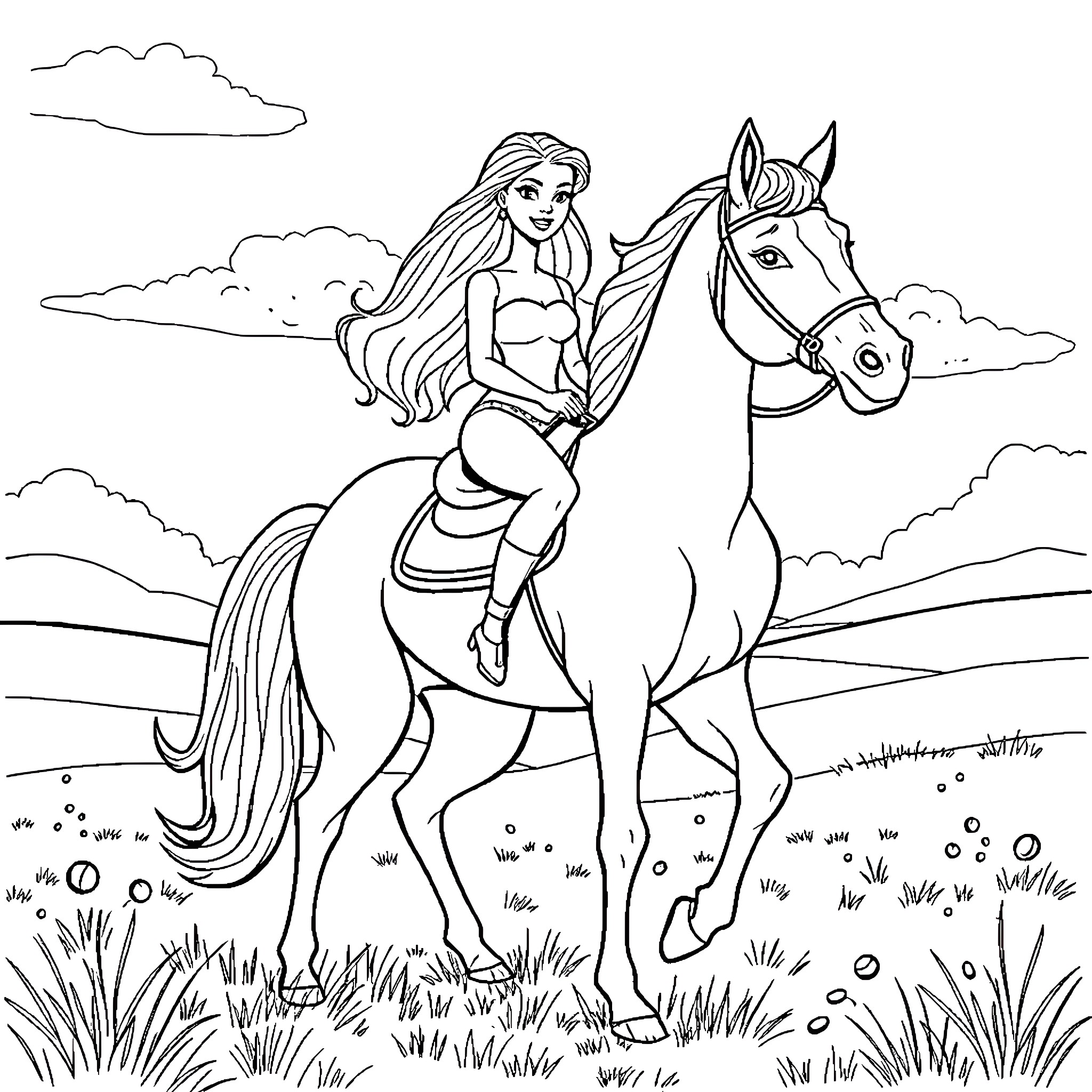 Barbie riding a horse in the countryside Coloring Page (free black-and-white line drawing printable PDF for all, from beginners to advanced learners, including children, teens, adults, and seniors)
