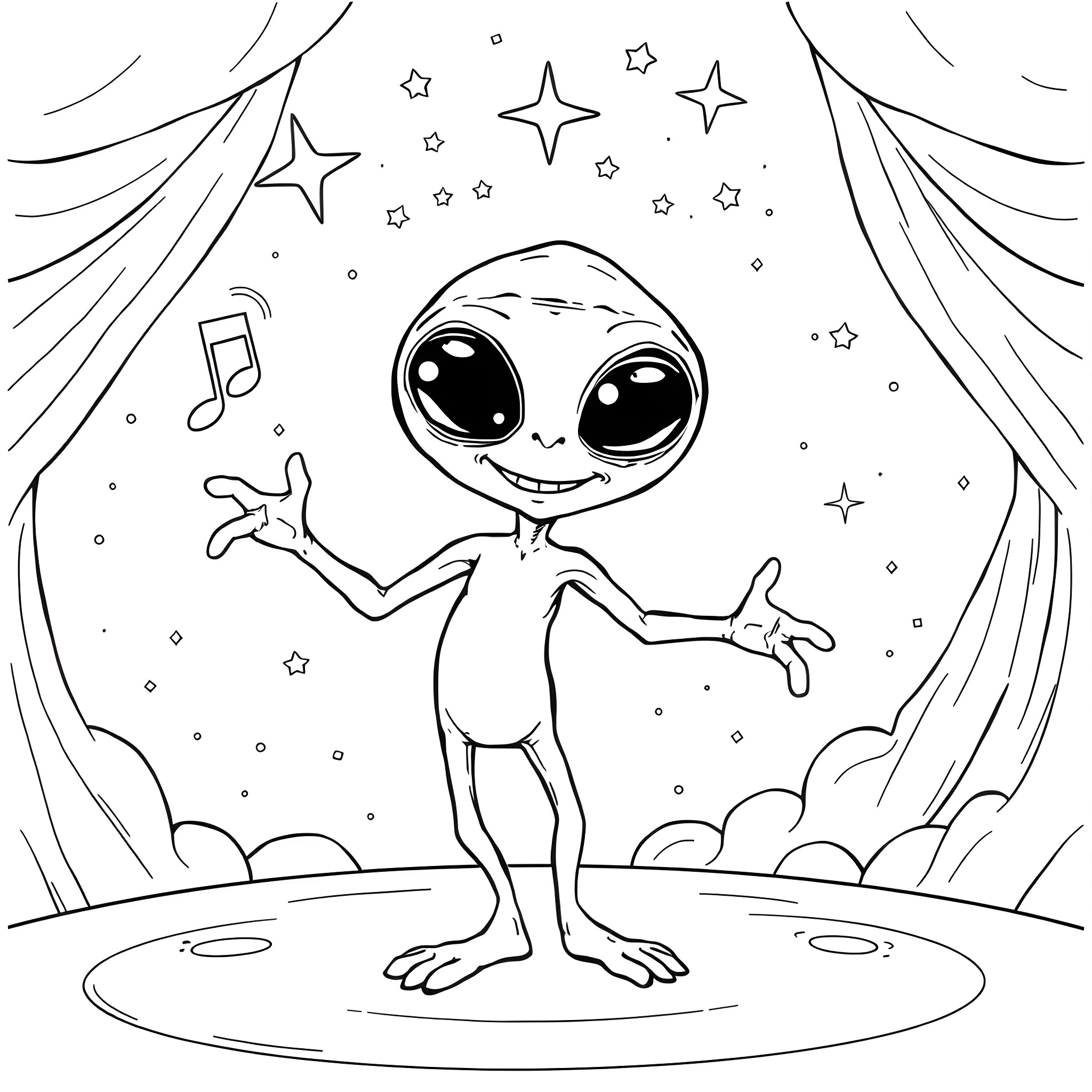 Alien enjoying music and dance in the cosmos Coloring Page (free black-and-white line drawing printable PDF for all, from beginners to advanced learners, including children, teens, adults, and seniors)