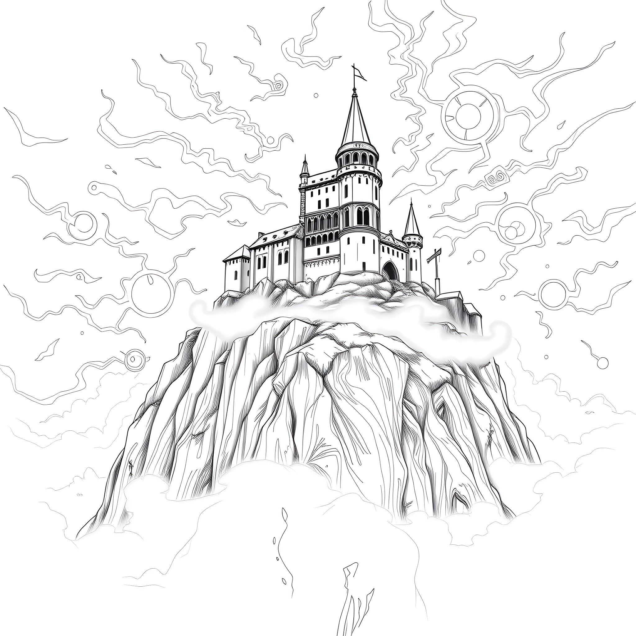 Acastled fortress on a towering cliff Coloring Page (free black-and-white line drawing printable PDF for all, from beginners to advanced learners, including children, teens, adults, and seniors)