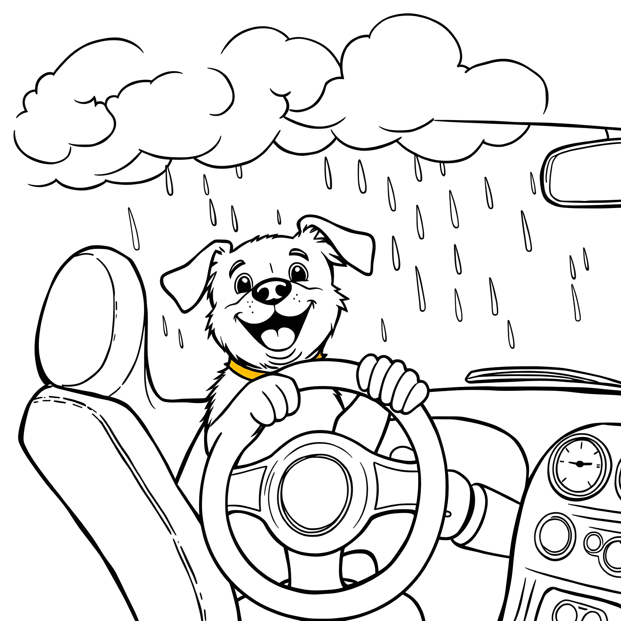 Dog happily driving a car on a rainy day Coloring Page (free black-and-white line drawing printable PDF for all, from beginners to advanced learners, including children, teens, adults, and seniors)