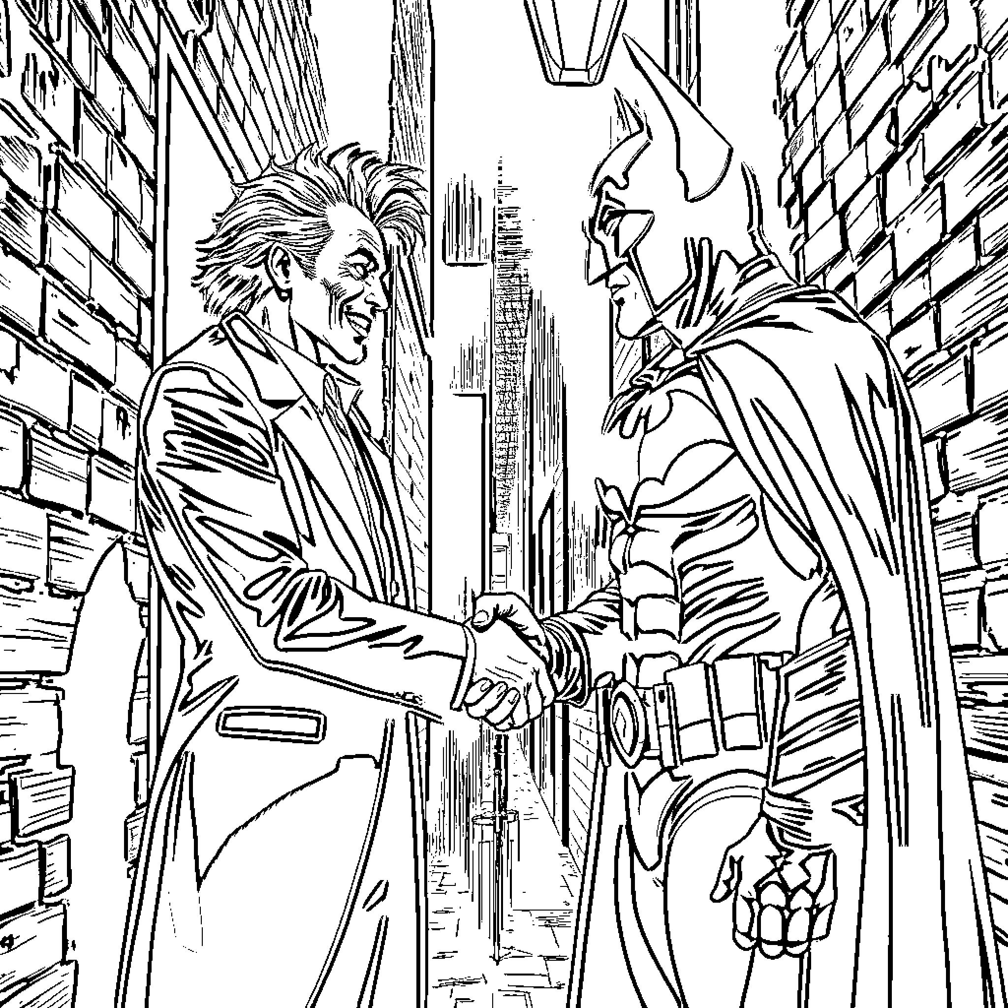 Joker and Batman shaking hands in dark alley Coloring Page (free black-and-white line drawing printable PDF for all, from beginners to advanced learners, including children, teens, adults, and seniors)