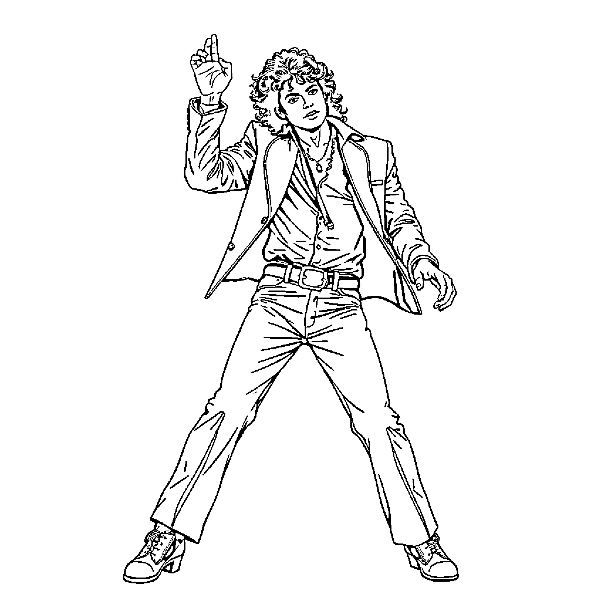 Michael Jackson Performing on Stage with Signature Moves Coloring Page (free black-and-white line drawing printable PDF for all, from beginners to advanced learners, including children, teens, adults, and seniors)