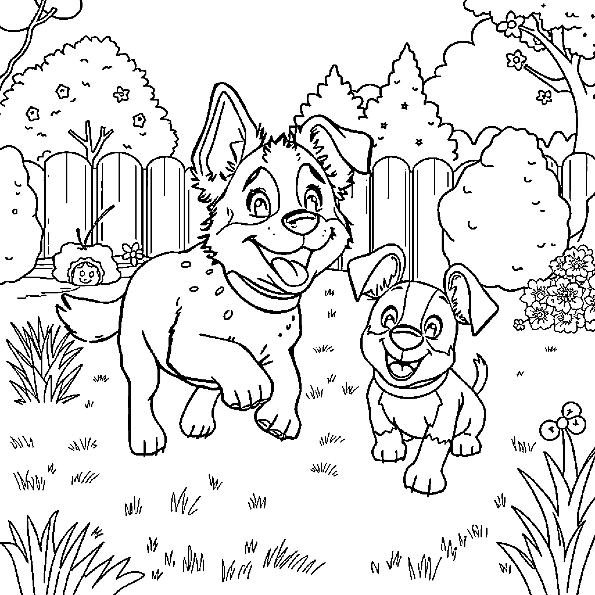 Bluey and Bingo's Outdoor Adventure Coloring Page (free black-and-white line drawing printable PDF for all, from beginners to advanced learners, including children, teens, adults, and seniors)