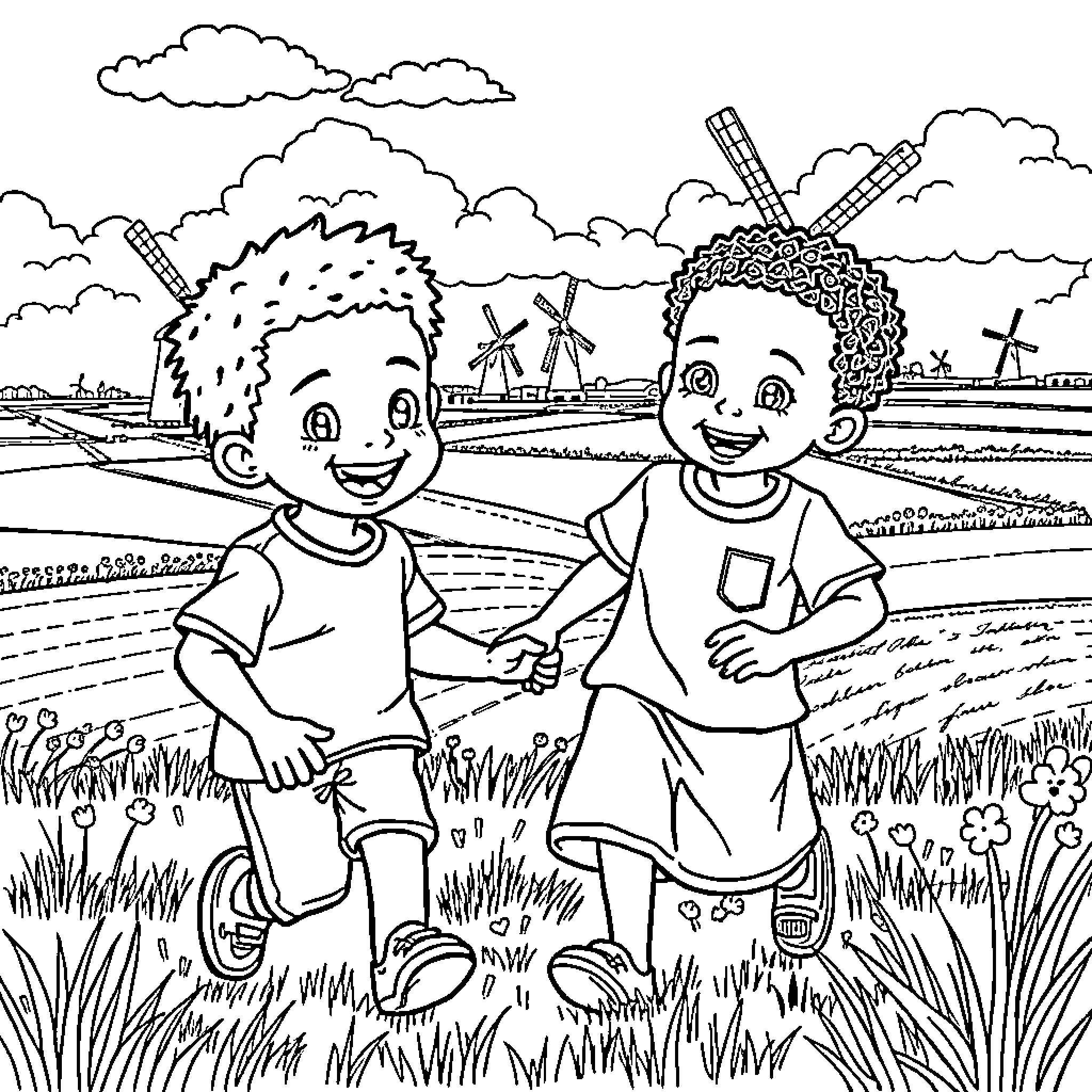 Boys enjoying countryside scenery with windmills Coloring Page (free black-and-white line drawing printable PDF for all, from beginners to advanced learners, including children, teens, adults, and seniors)