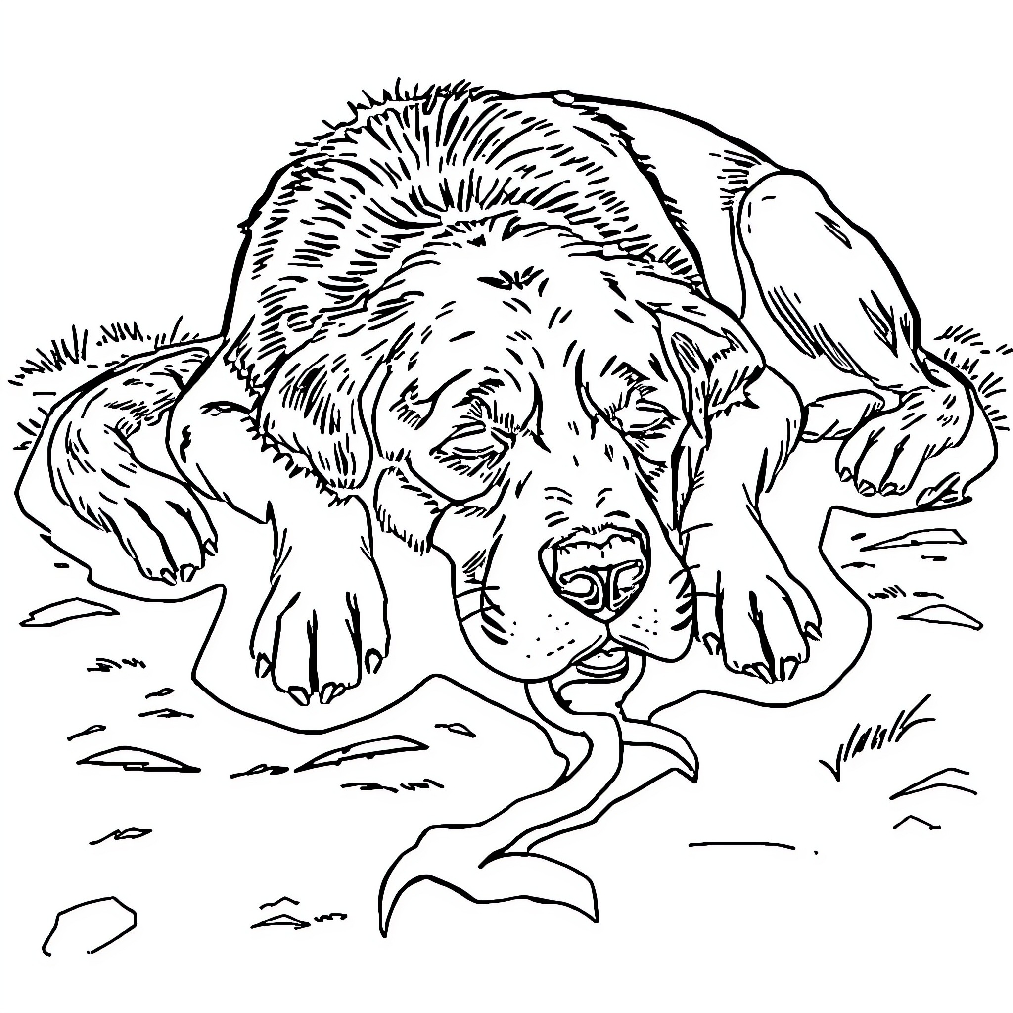 Dog resting peacefully in nature Coloring Page (free black-and-white line drawing printable PDF for all, from beginners to advanced learners, including children, teens, adults, and seniors)