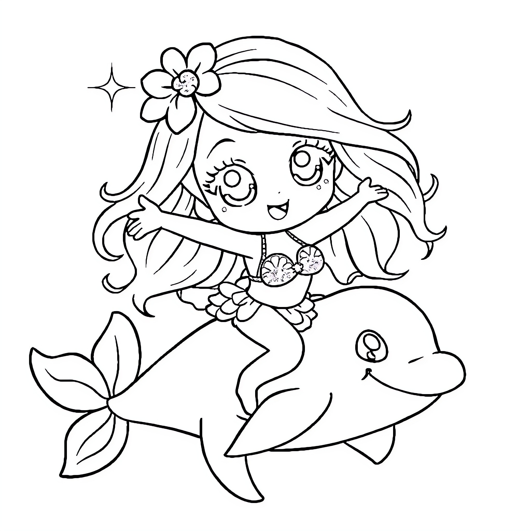 Mermaid riding a dolphin with a flower in her hair Coloring Page (free black-and-white line drawing printable PDF for all, from beginners to advanced learners, including children, teens, adults, and seniors)