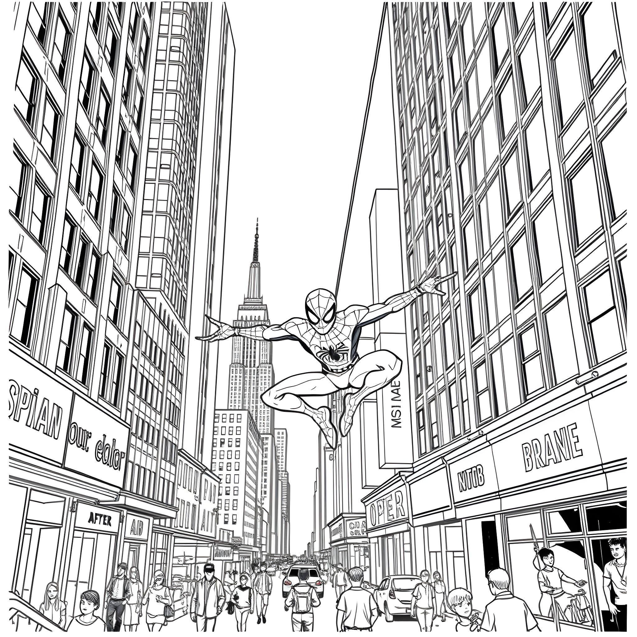 Spiderman swinging through the bustling city streets Coloring Page (free black-and-white line drawing printable PDF for all, from beginners to advanced learners, including children, teens, adults, and seniors)