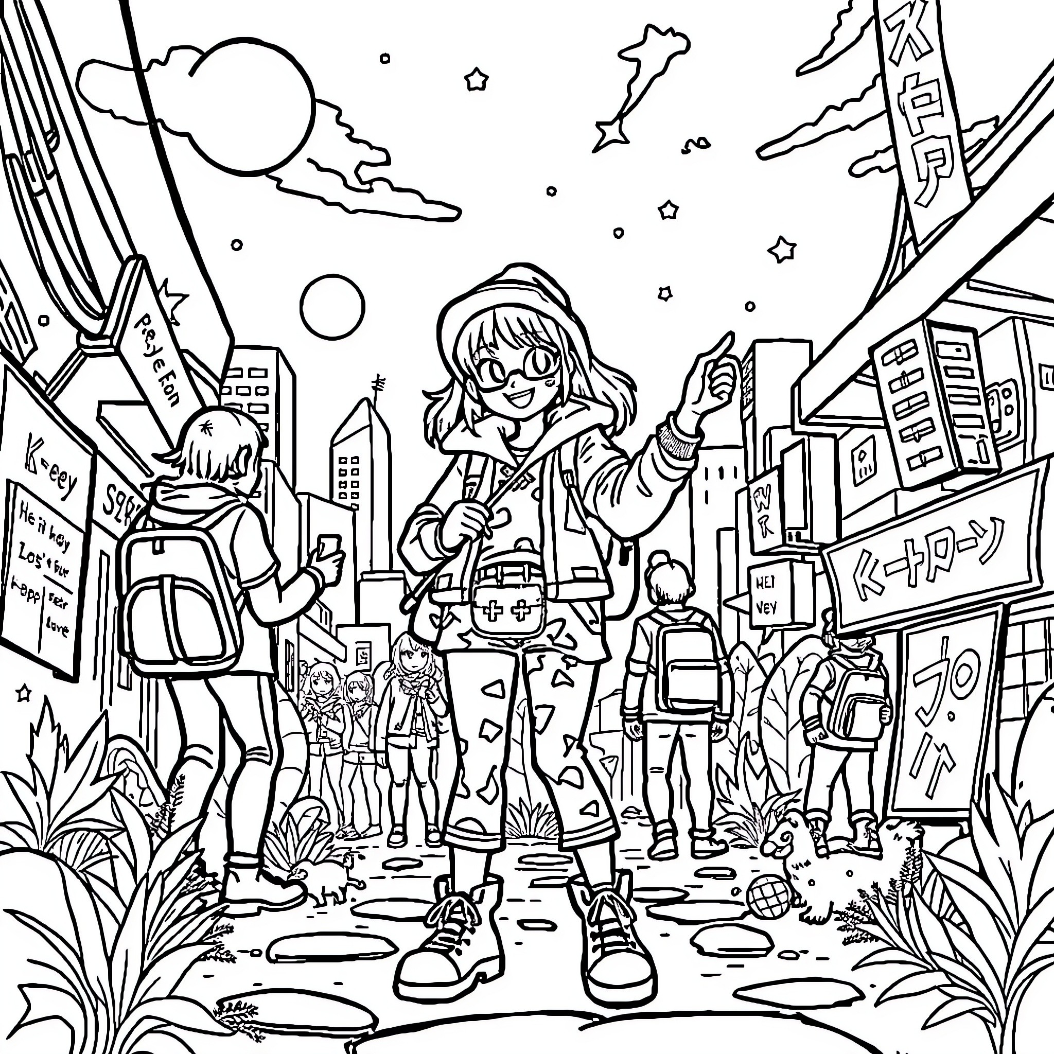 Zoey's Adventure in the Bustling City Coloring Page (free black-and-white line drawing printable PDF for all, from beginners to advanced learners, including children, teens, adults, and seniors)