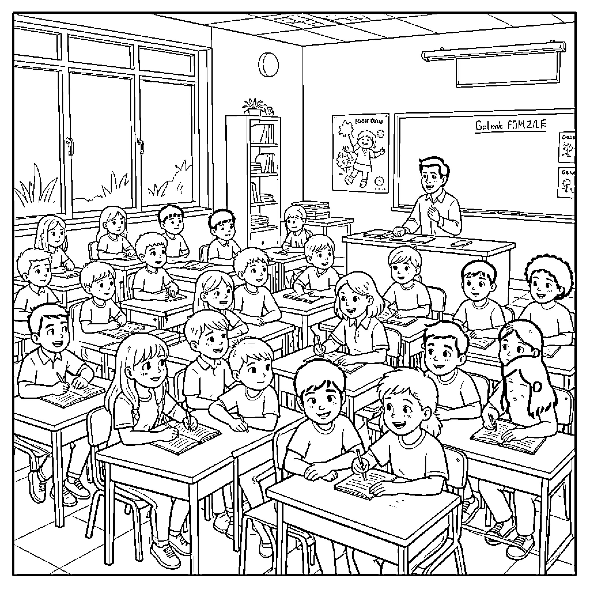 67 Kids Learning in Classroom with Teacher Coloring Page (free black-and-white line drawing printable PDF for all, from beginners to advanced learners, including children, teens, adults, and seniors)
