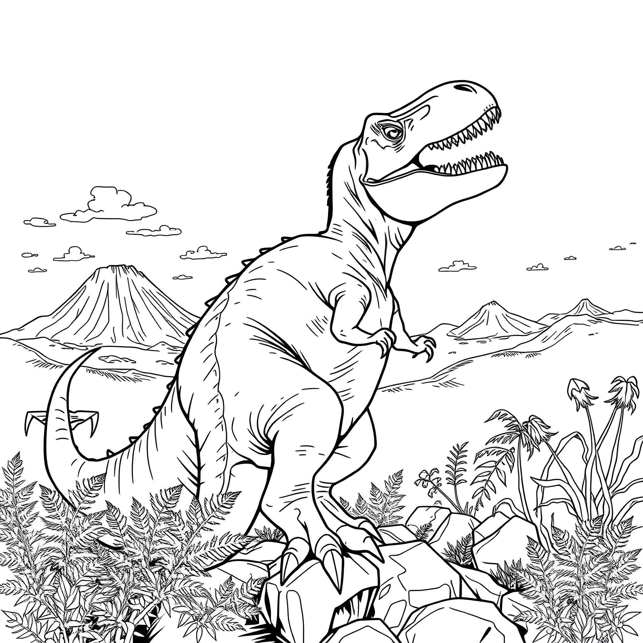 D-rex Stomping Through Prehistoric Landscape Coloring Page (free black-and-white line drawing printable PDF for all, from beginners to advanced learners, including children, teens, adults, and seniors)