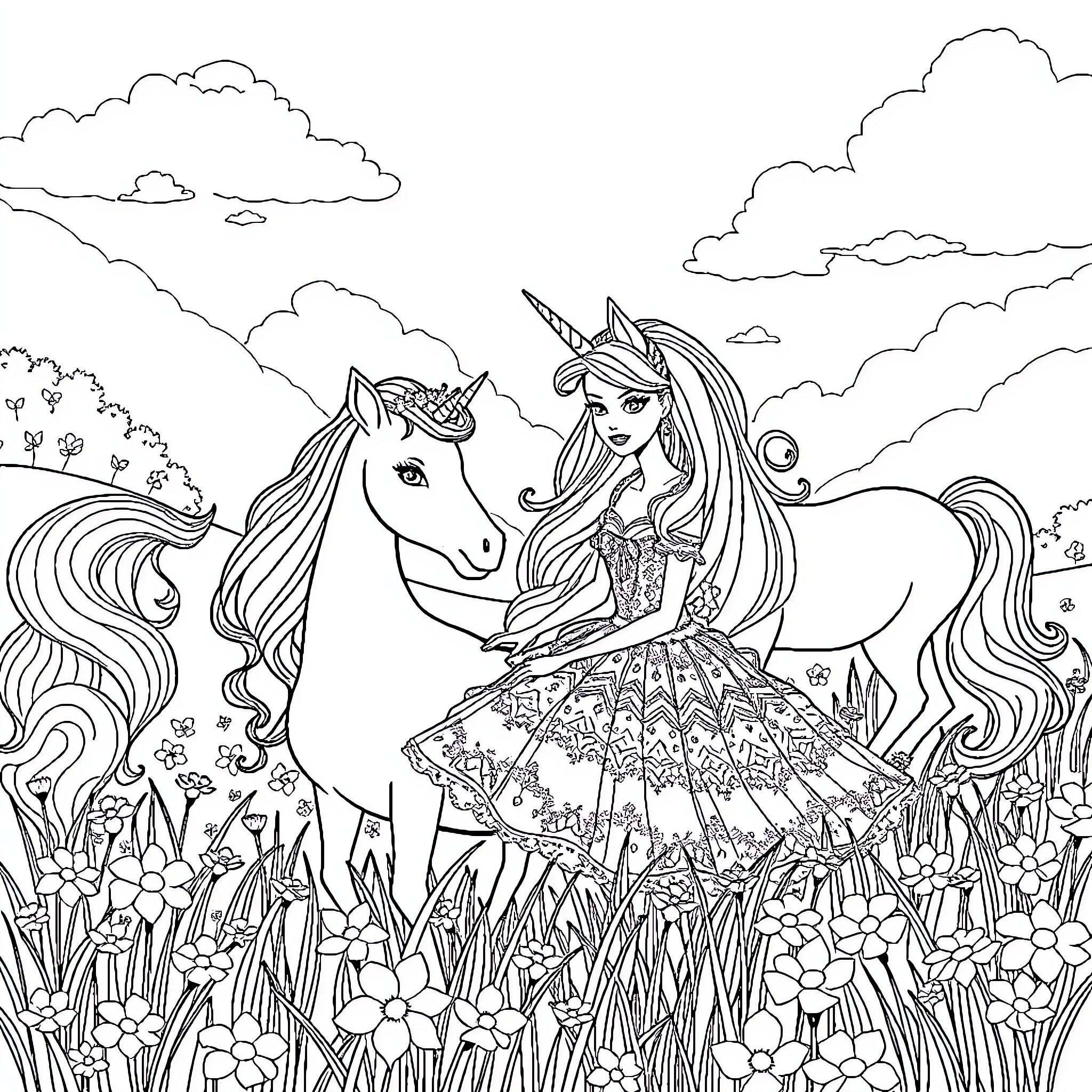 Barbie riding a unicorn in a magical garden Coloring Page (free black-and-white line drawing printable PDF for all, from beginners to advanced learners, including children, teens, adults, and seniors)