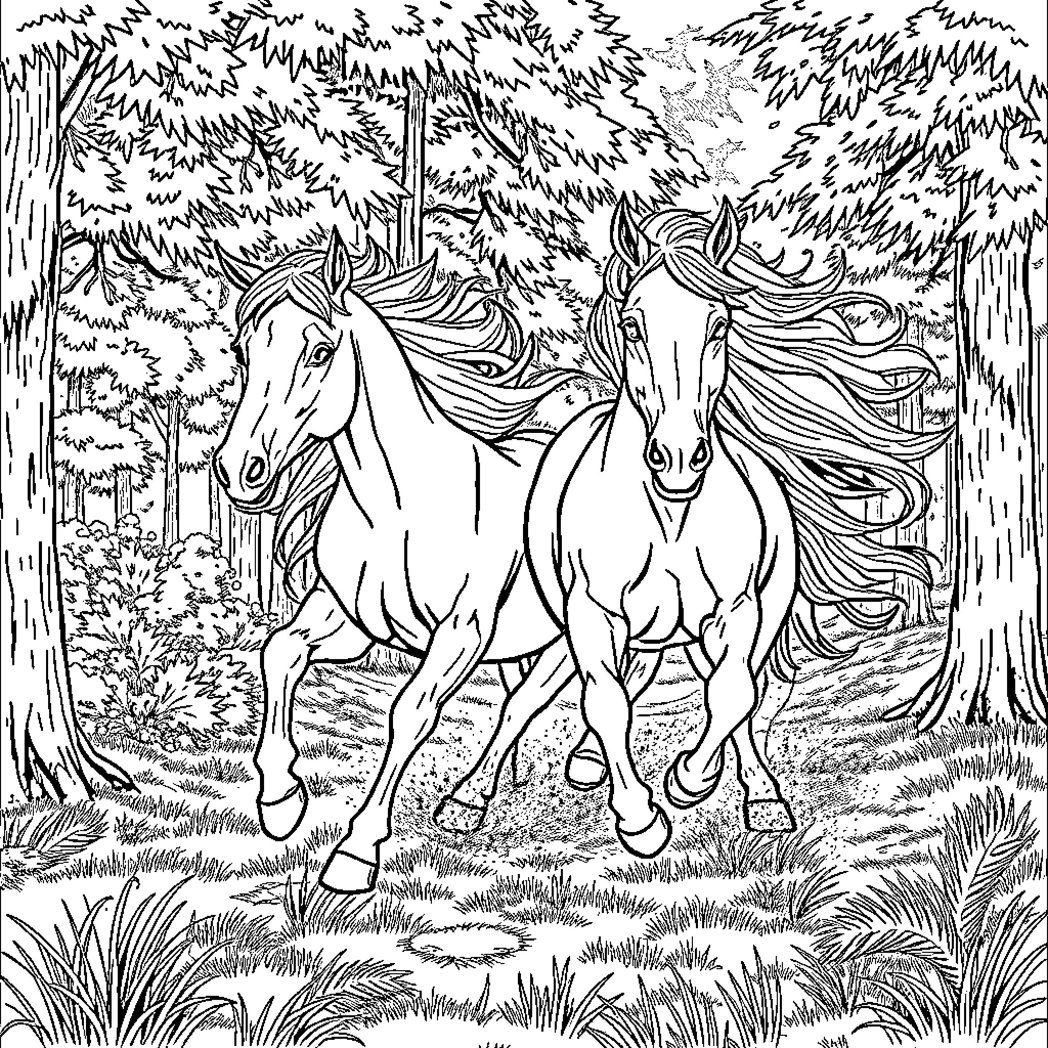 Horse Pair Galloping Through Enchanted Forest Coloring Page (free black-and-white line drawing printable PDF for all, from beginners to advanced learners, including children, teens, adults, and seniors)