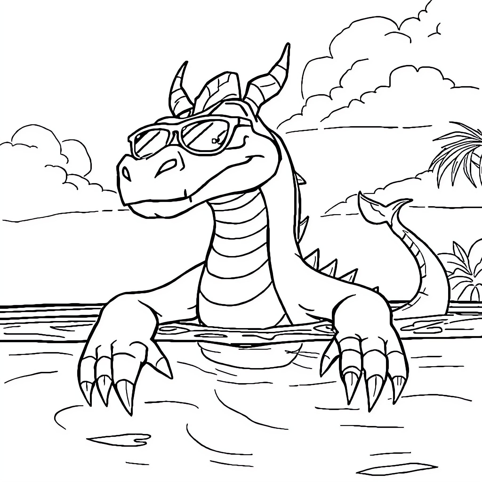 Dracaufeu relaxing in the tropical paradise Coloring Page (free black-and-white line drawing printable PDF for all, from beginners to advanced learners, including children, teens, adults, and seniors)