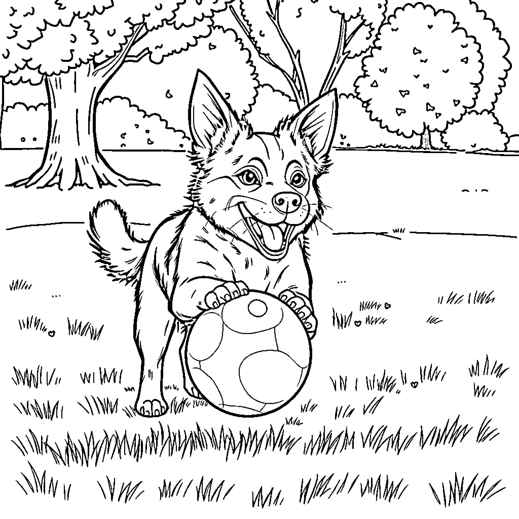 Dog playing joyfully with ball in the park Coloring Page (free black-and-white line drawing printable PDF for all, from beginners to advanced learners, including children, teens, adults, and seniors)