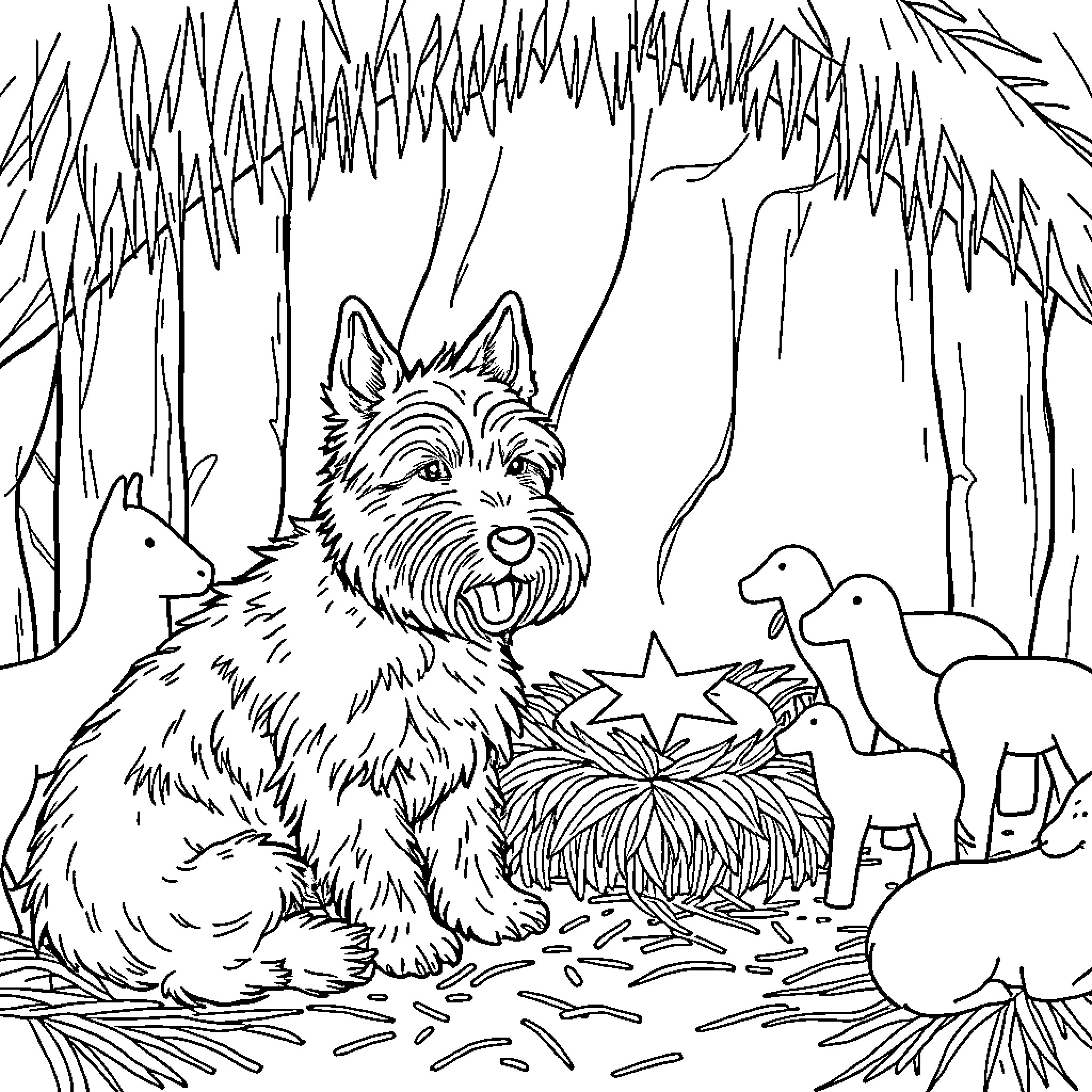 Dog and Toy Animals in the Woods Coloring Page (free black-and-white line drawing printable PDF for all, from beginners to advanced learners, including children, teens, adults, and seniors)