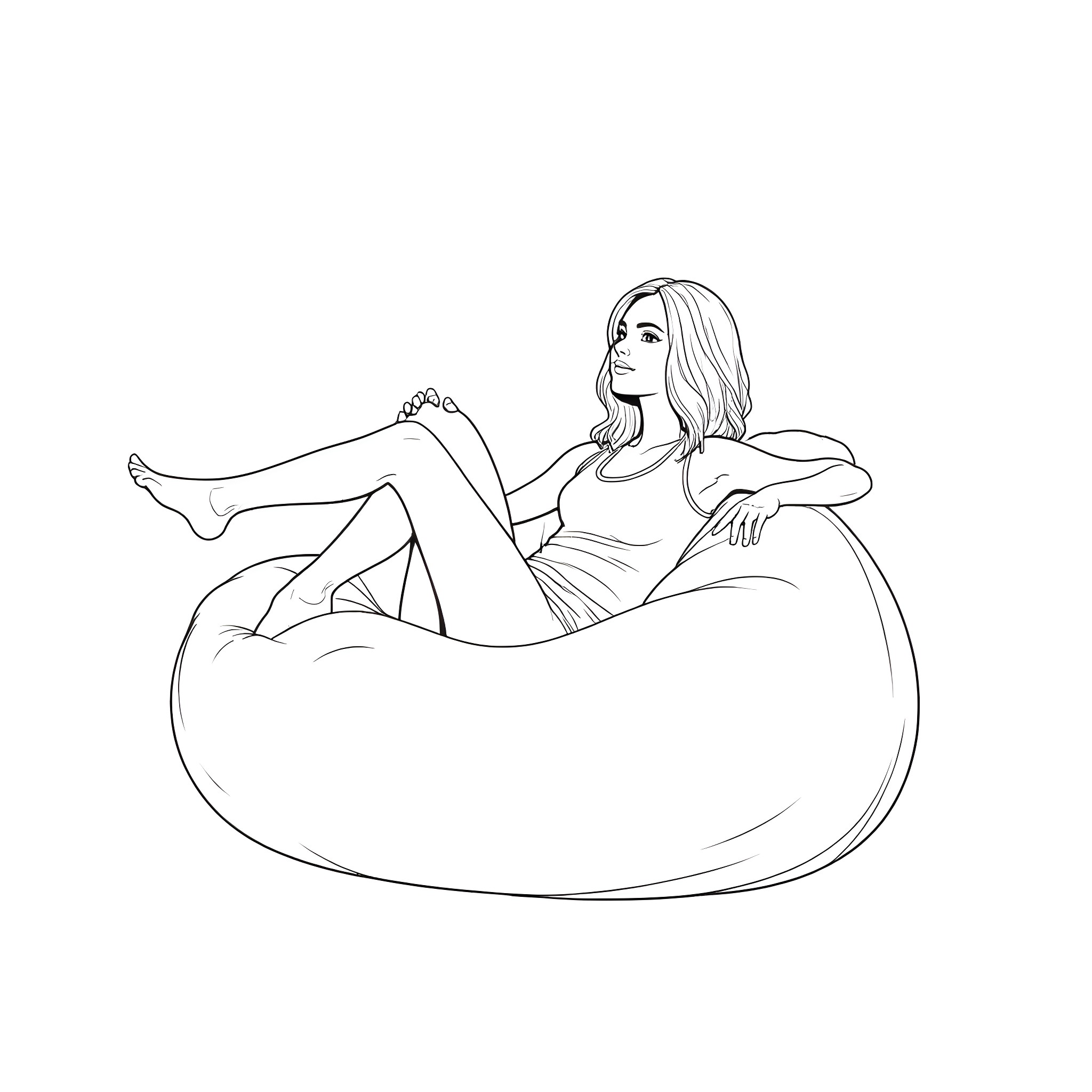 Blonde woman lounging comfortably on bean bag chair Coloring Page (free black-and-white line drawing printable PDF for all, from beginners to advanced learners, including children, teens, adults, and seniors)