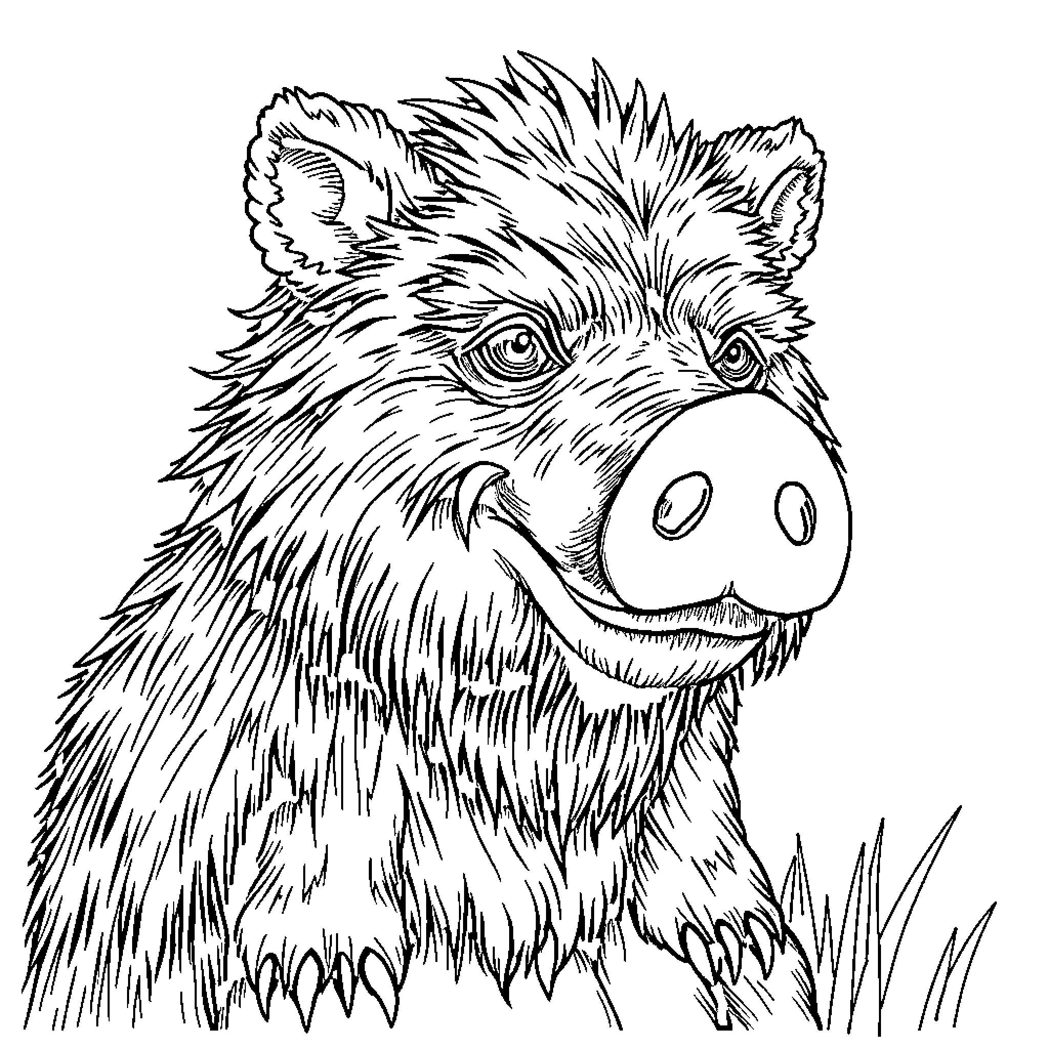 Man Bear Pig with curious expression Coloring Page (free black-and-white line drawing printable PDF for all, from beginners to advanced learners, including children, teens, adults, and seniors)