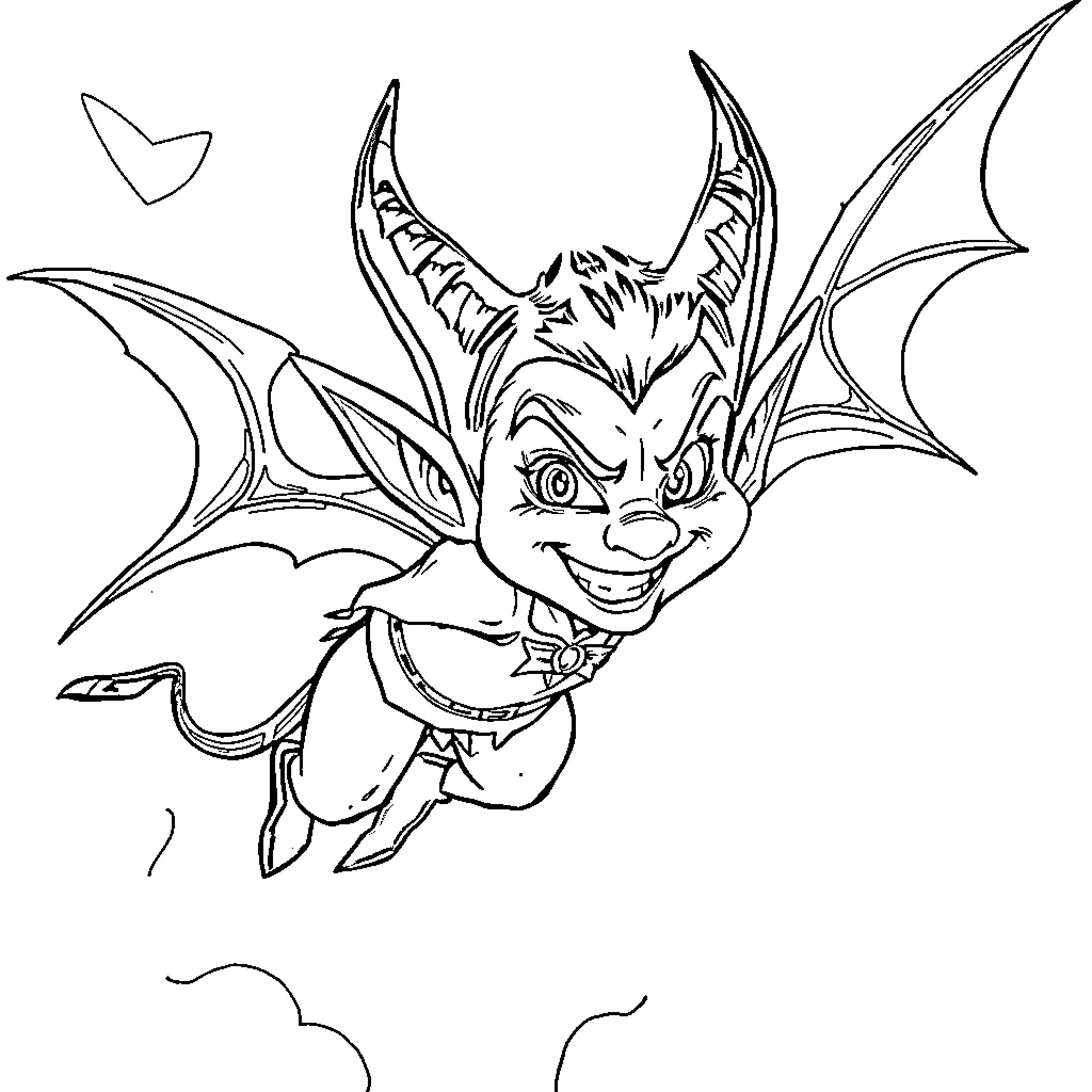 Duende creature with mischievous expression and bat-like wings Coloring Page (free black-and-white line drawing printable PDF for all, from beginners to advanced learners, including children, teens, adults, and seniors)