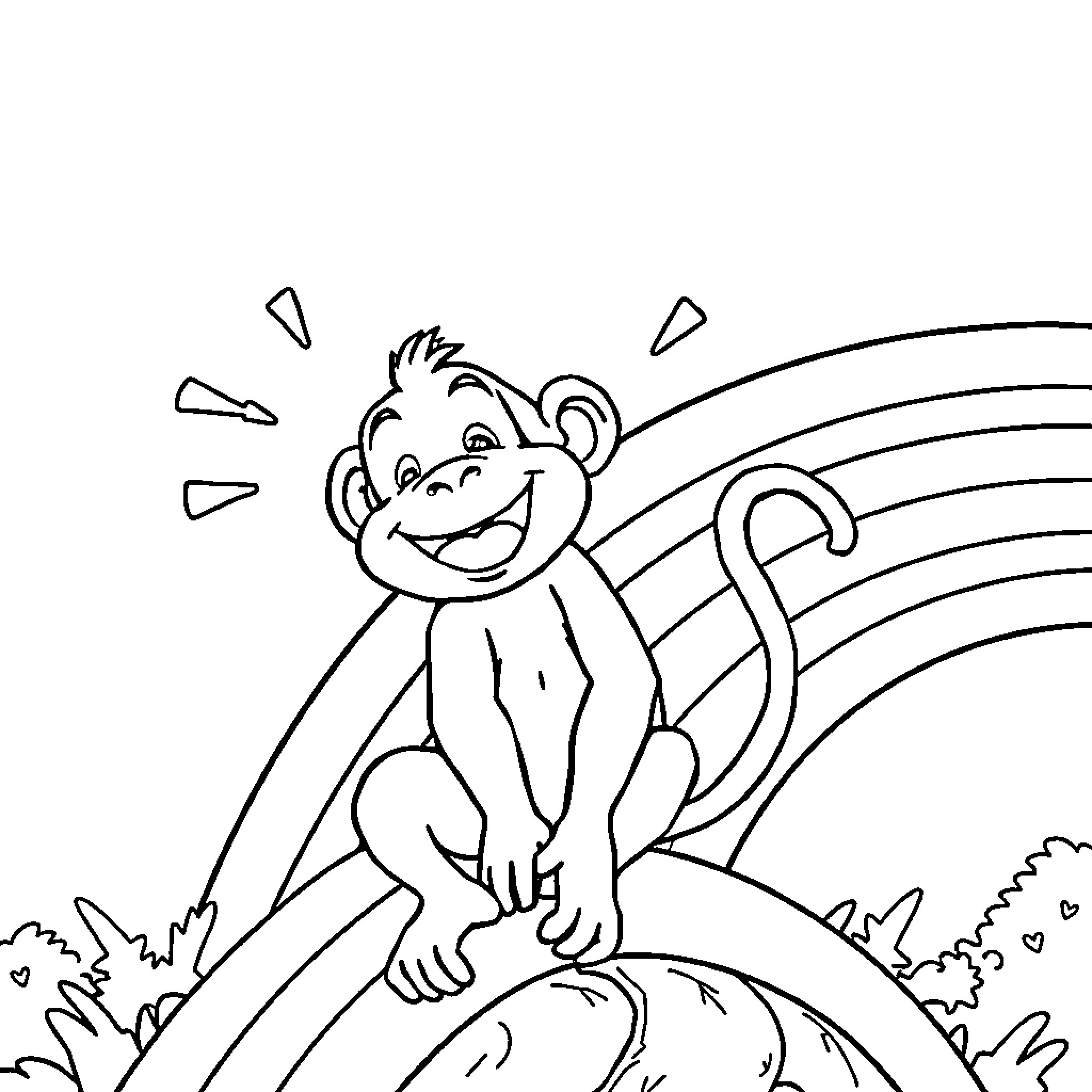 Monkey playing joyfully in the rainbow landscape Coloring Page (free black-and-white line drawing printable PDF for all, from beginners to advanced learners, including children, teens, adults, and seniors)