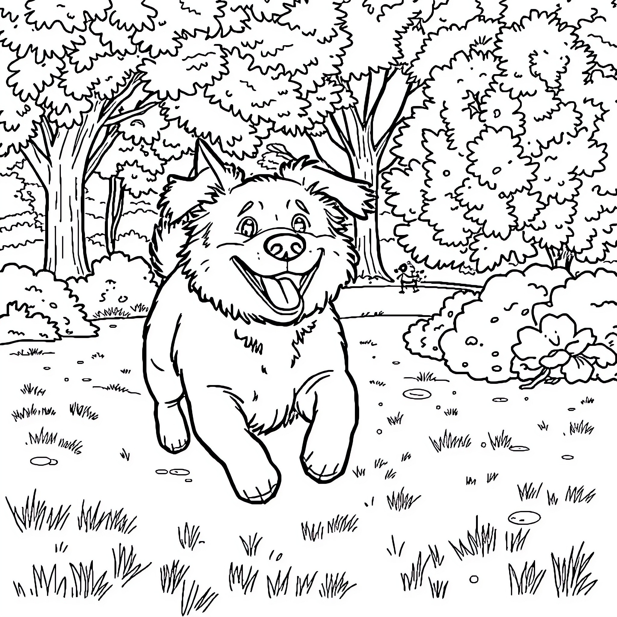 Dog playing happily in the forest Coloring Page (free black-and-white line drawing printable PDF for all, from beginners to advanced learners, including children, teens, adults, and seniors)