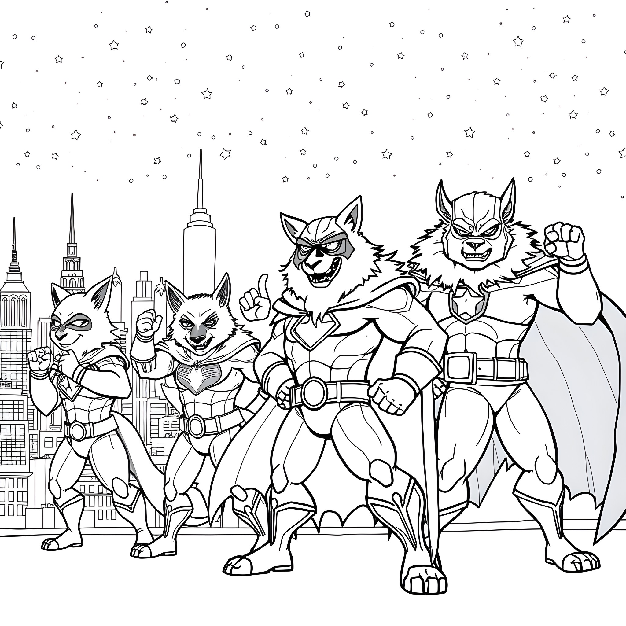 Superhero Animal Team Protecting the City Coloring Page (free black-and-white line drawing printable PDF for all, from beginners to advanced learners, including children, teens, adults, and seniors)