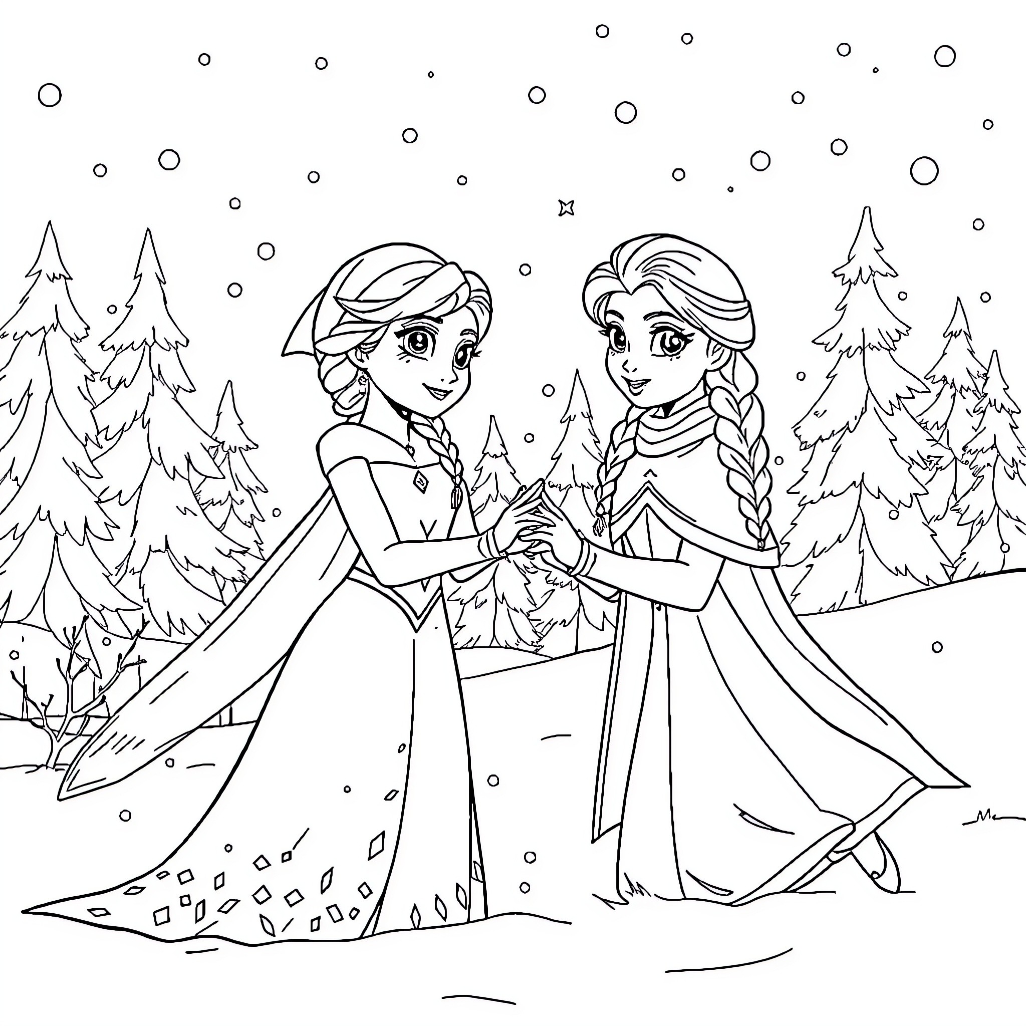 Elsa and Anna exploring the snowy forest Coloring Page (free black-and-white line drawing printable PDF for all, from beginners to advanced learners, including children, teens, adults, and seniors)