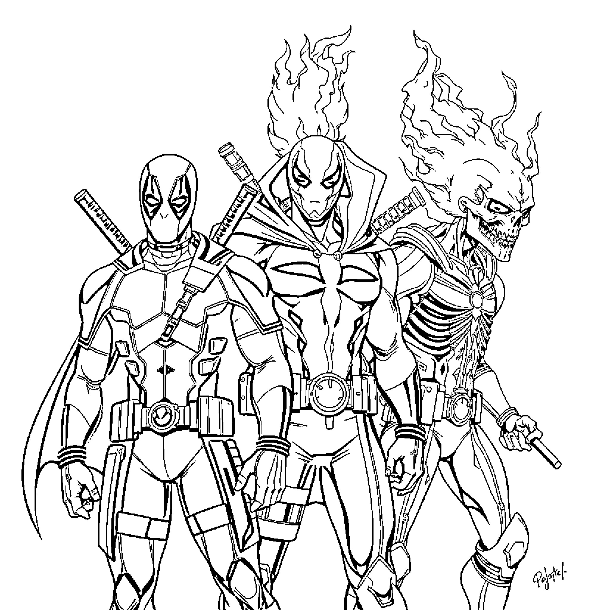 Deadpool and allies in explosive action poses Coloring Page (free black-and-white line drawing printable PDF for all, from beginners to advanced learners, including children, teens, adults, and seniors)