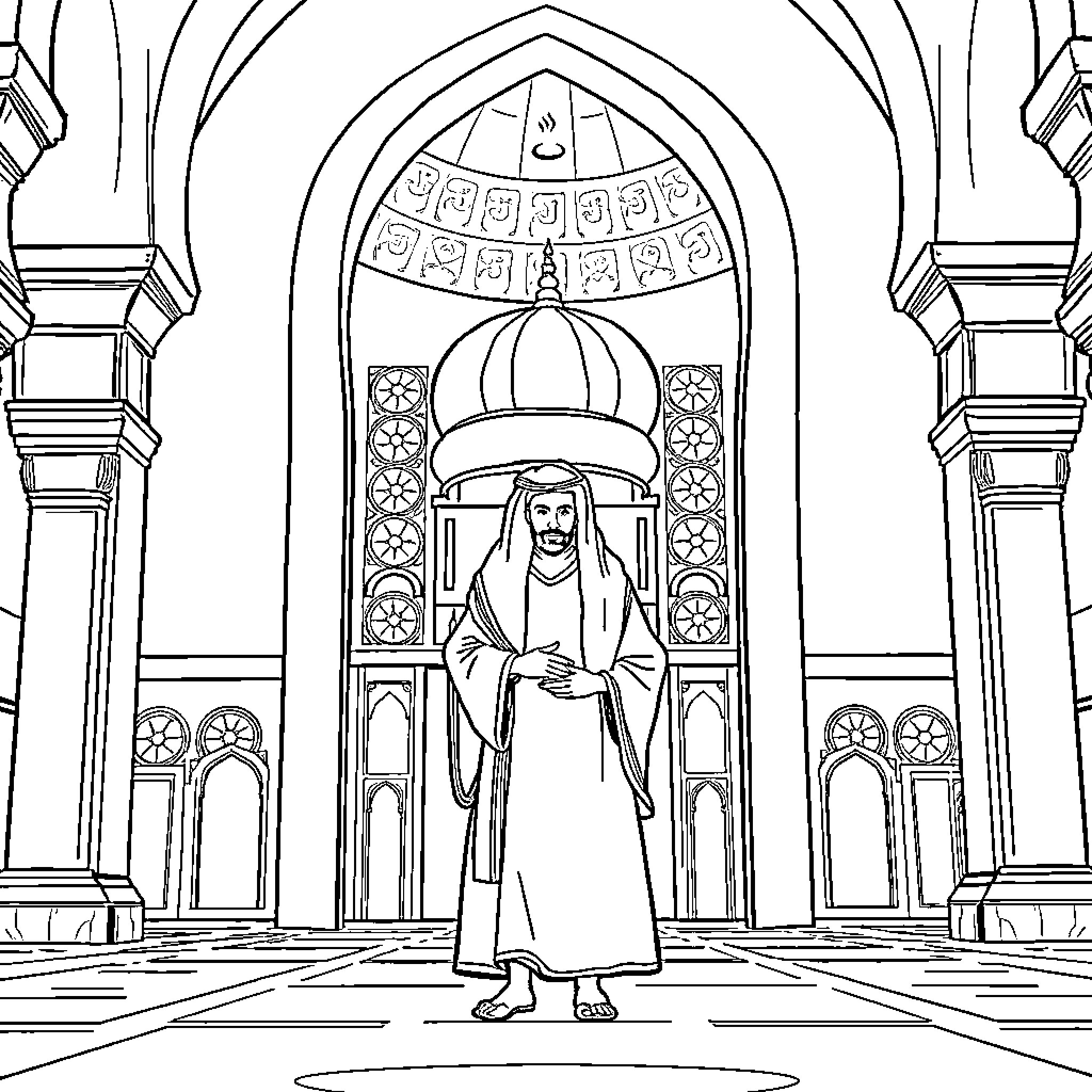 Homelander in a grand and ornate palace Coloring Page (free black-and-white line drawing printable PDF for all, from beginners to advanced learners, including children, teens, adults, and seniors)