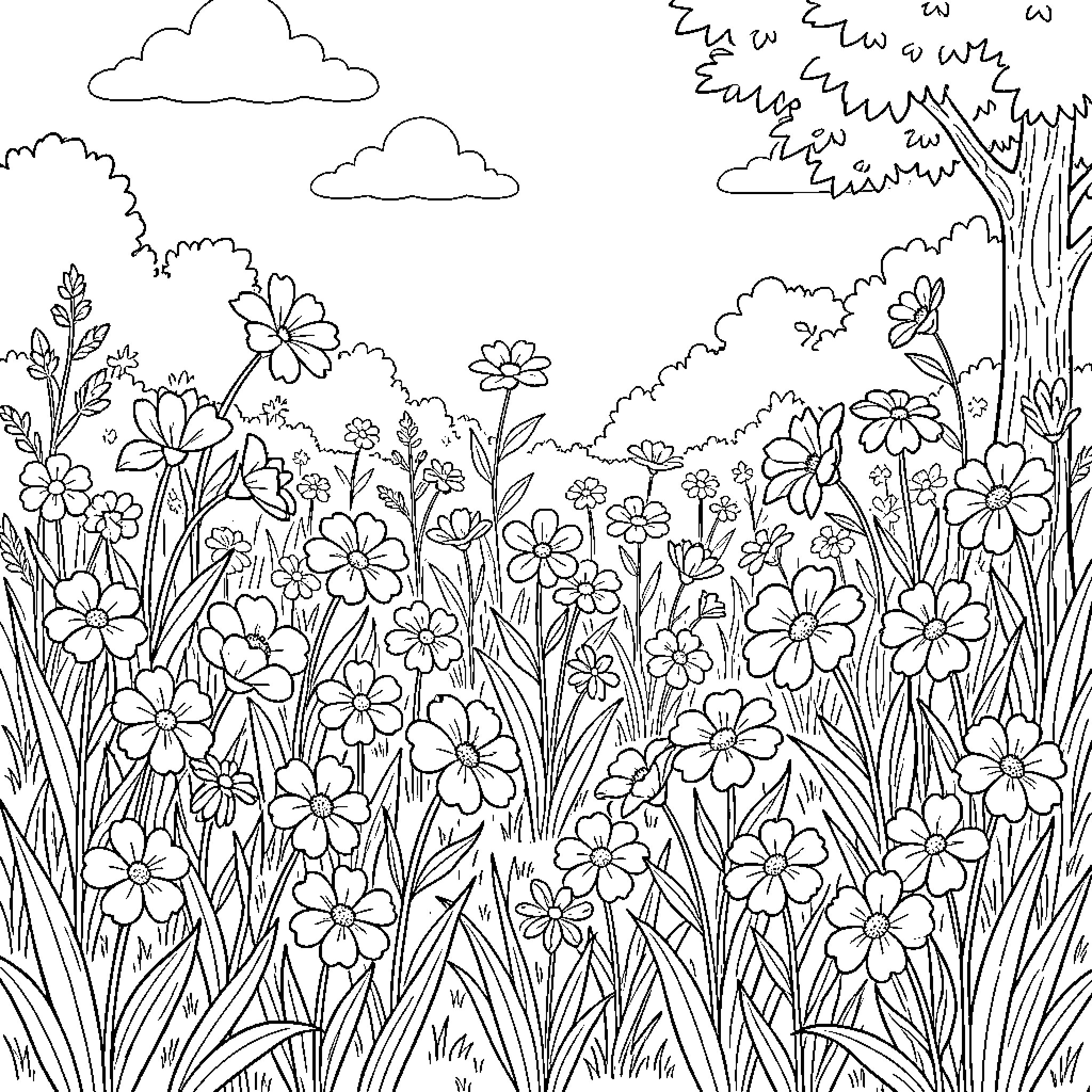 Flower meadow blooming under clouds and trees Coloring Page (free black-and-white line drawing printable PDF for all, from beginners to advanced learners, including children, teens, adults, and seniors)