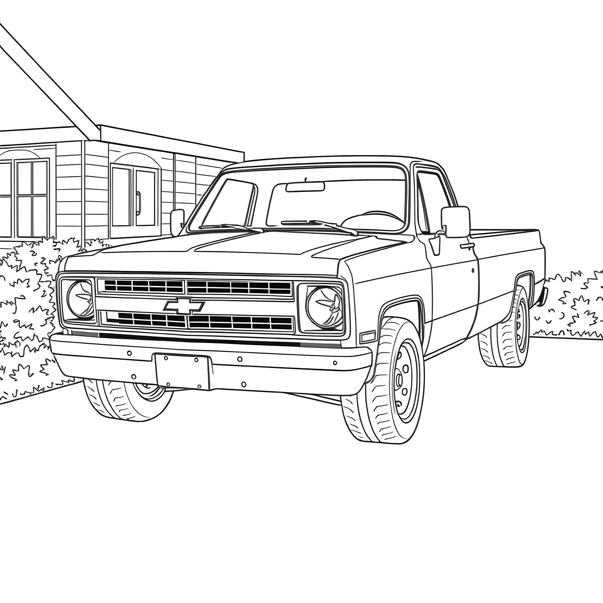 Chevy Pickup Truck Parked in Front of Rustic House Coloring Page (free black-and-white line drawing printable PDF for all, from beginners to advanced learners, including children, teens, adults, and seniors)