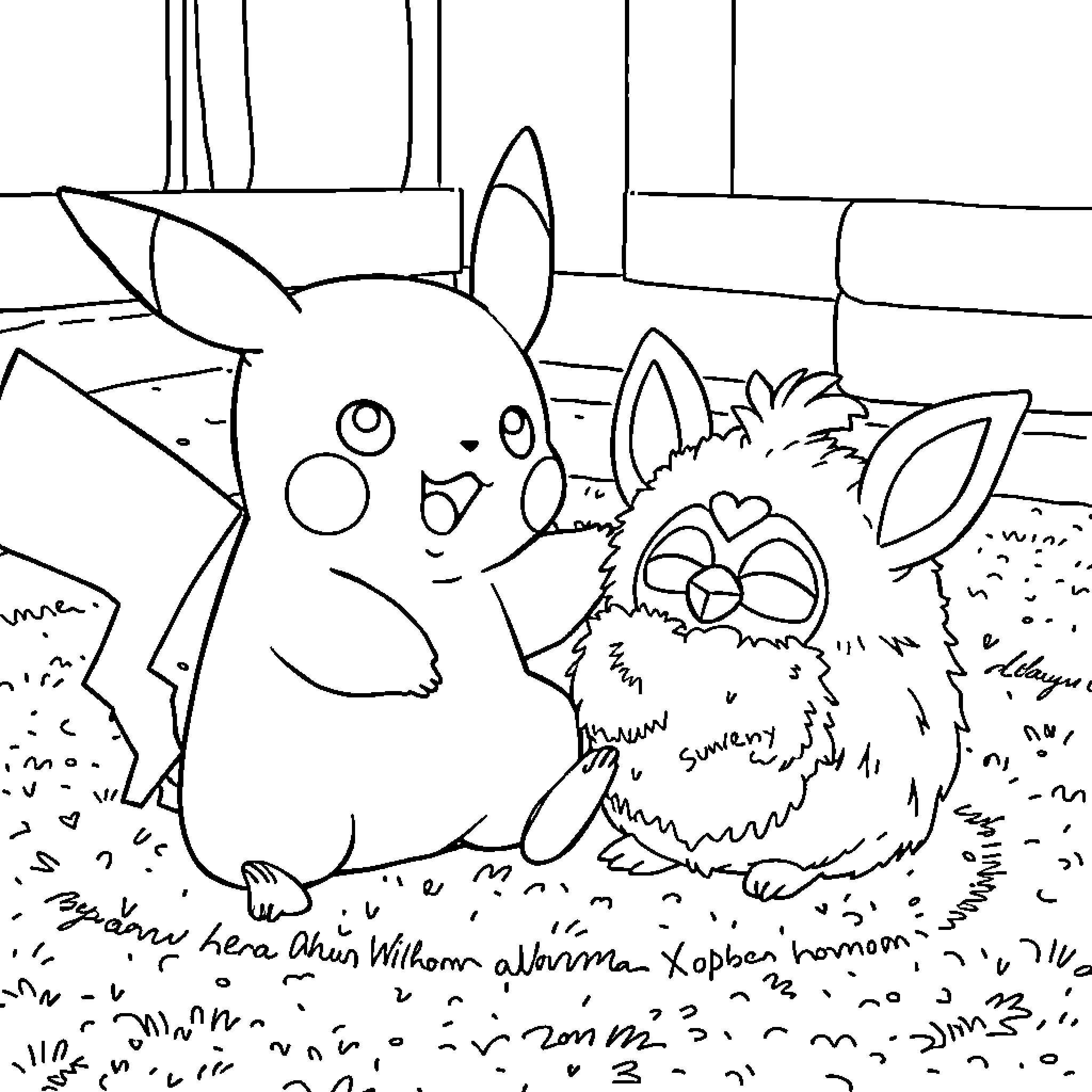 Pikachu with Fuzzy Friend in Outdoor Scene Coloring Page (free black-and-white line drawing printable PDF for all, from beginners to advanced learners, including children, teens, adults, and seniors)