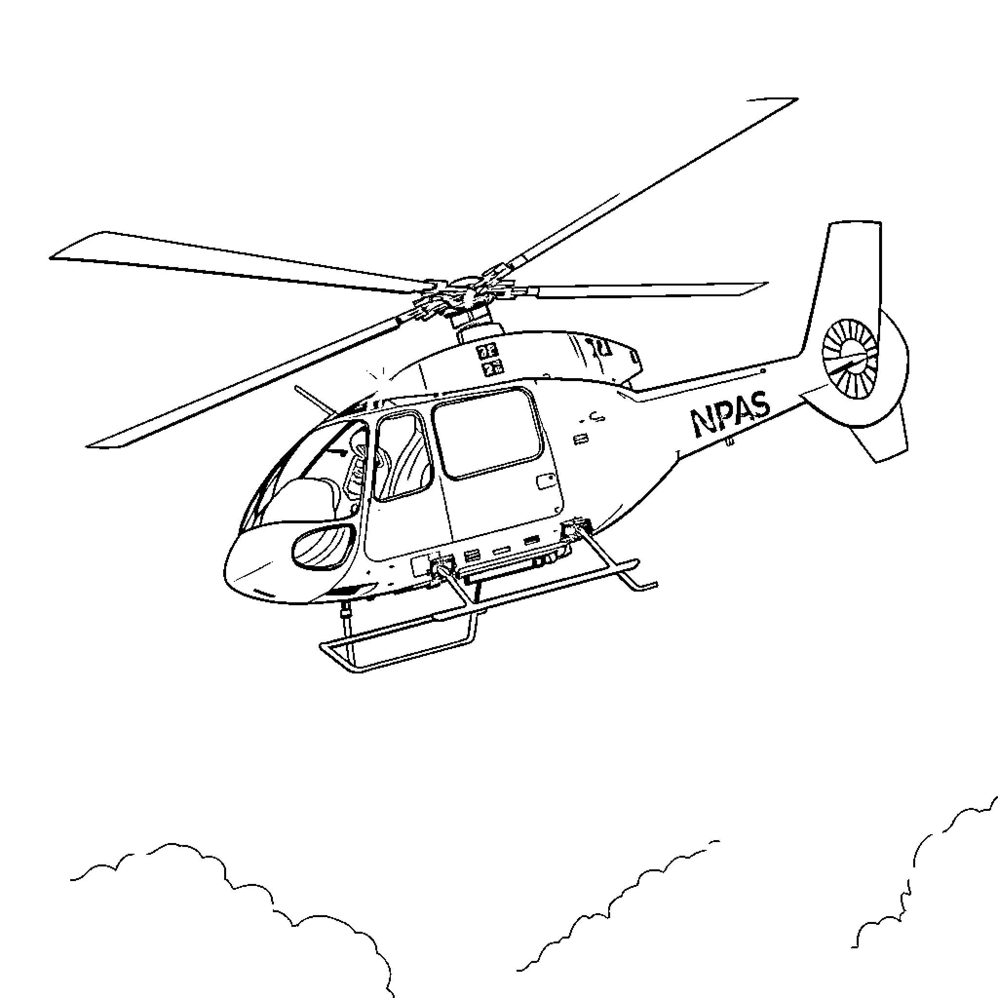 Helicopter in flight with registration number Coloring Page (free black-and-white line drawing printable PDF for all, from beginners to advanced learners, including children, teens, adults, and seniors)