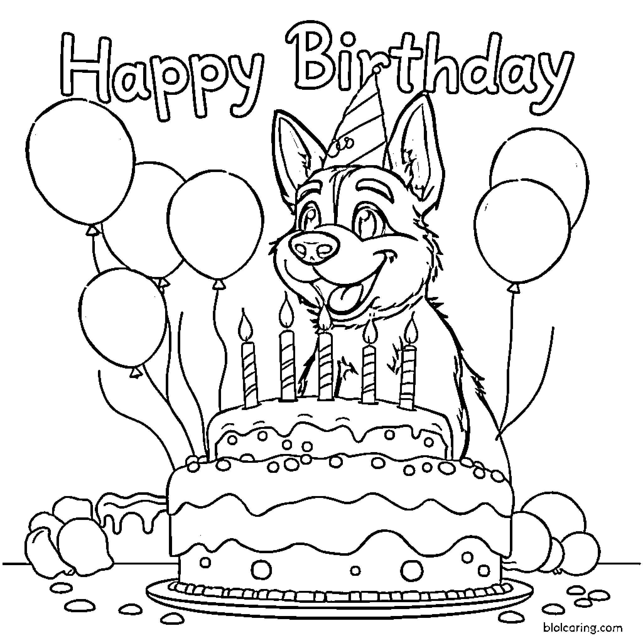 Birthday Celebration with a Cake and Balloons Coloring Page (free black-and-white line drawing printable PDF for all, from beginners to advanced learners, including children, teens, adults, and seniors)