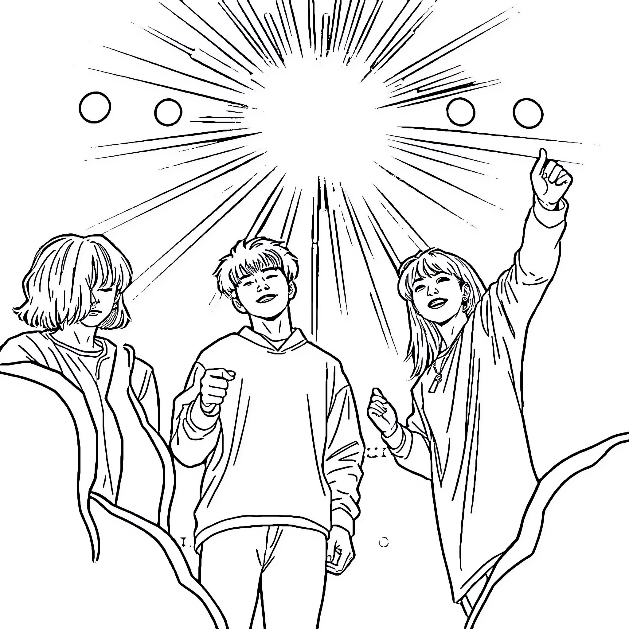 Lightstick fans cheering enthusiastically at a concert Coloring Page (free black-and-white line drawing printable PDF for all, from beginners to advanced learners, including children, teens, adults, and seniors)