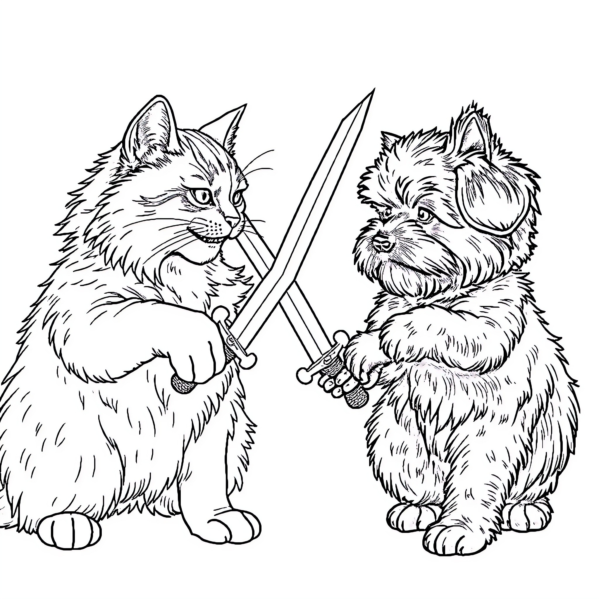 Cat warriors with swords Coloring Page (free black-and-white line drawing printable PDF for all, from beginners to advanced learners, including children, teens, adults, and seniors)