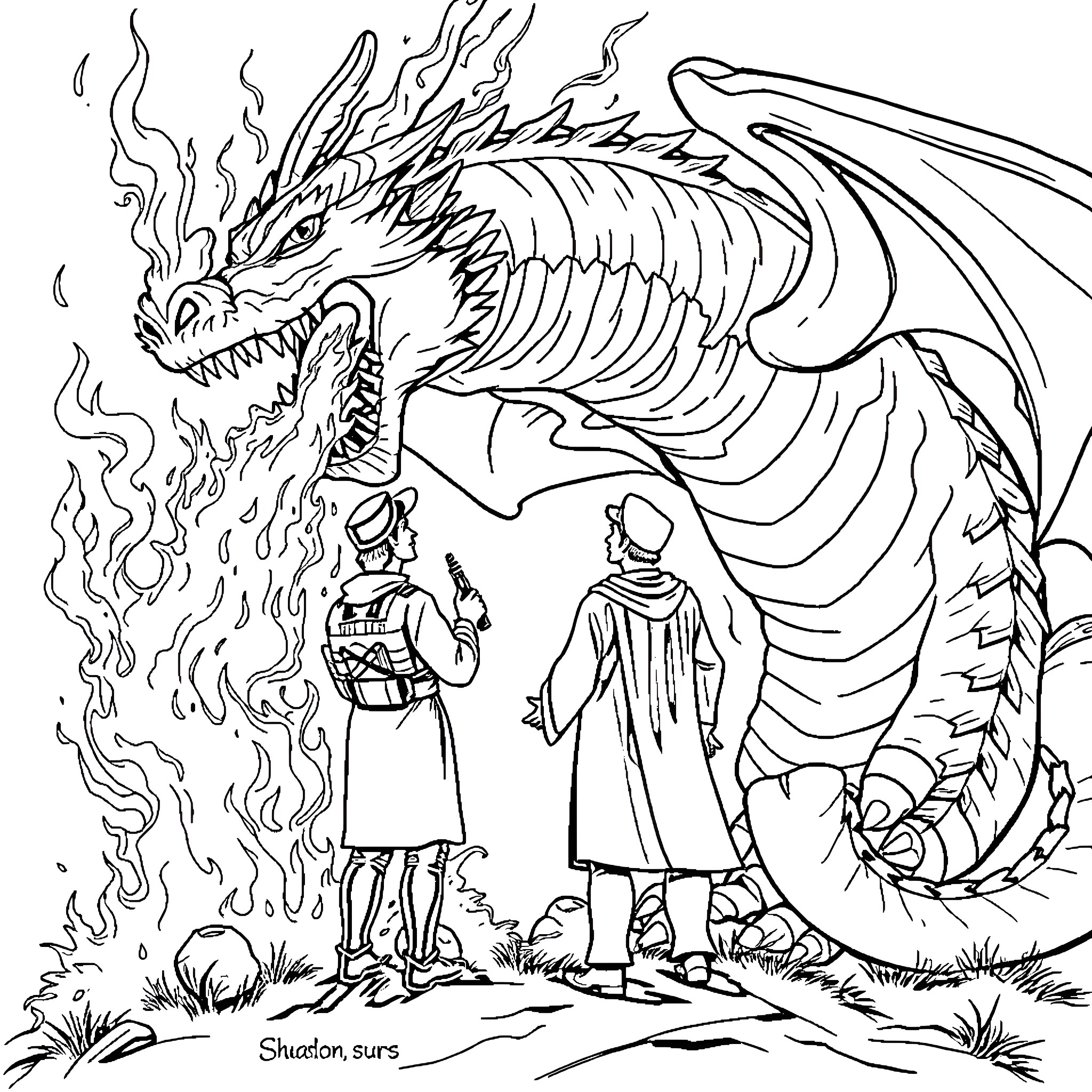 Missionary encounters fearsome dragon in the wilderness Coloring Page (free black-and-white line drawing printable PDF for all, from beginners to advanced learners, including children, teens, adults, and seniors)