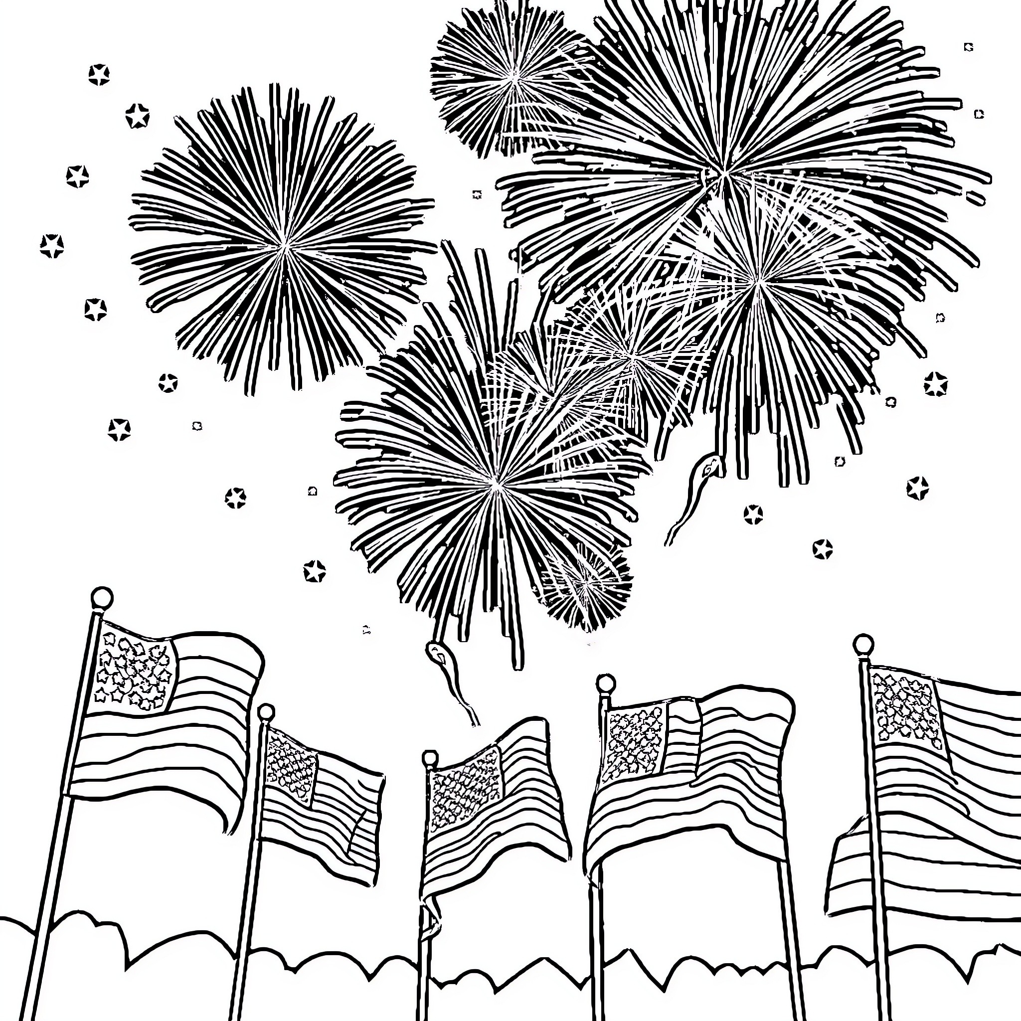 Independence Day fireworks and waving American flags Coloring Page (free black-and-white line drawing printable PDF for all, from beginners to advanced learners, including children, teens, adults, and seniors)