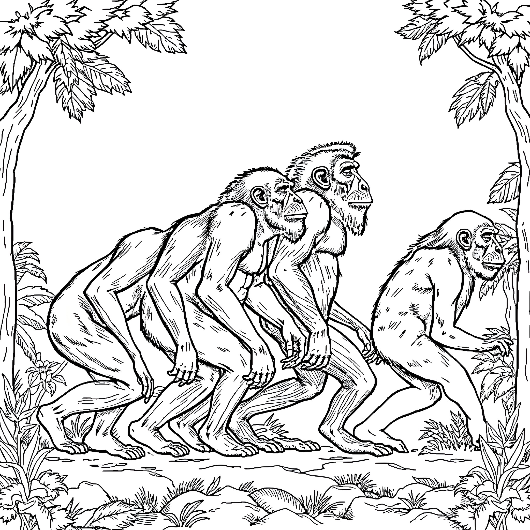 Hominins in natural habitat with palm trees Coloring Page (free black-and-white line drawing printable PDF for all, from beginners to advanced learners, including children, teens, adults, and seniors)