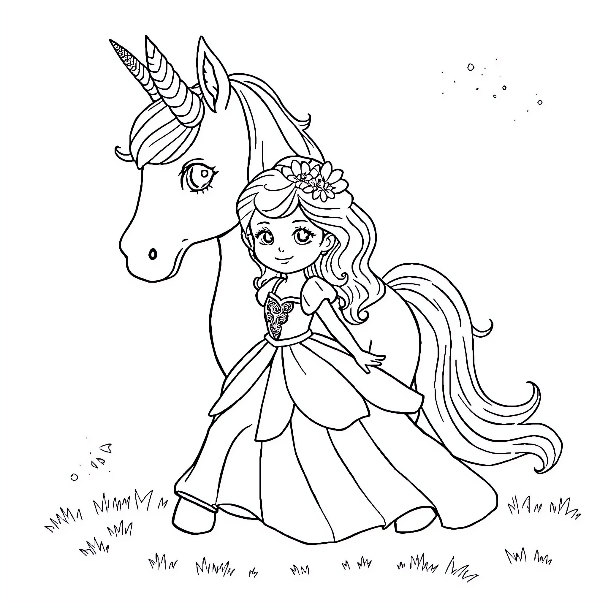 Princess riding a magical unicorn Coloring Page (free black-and-white line drawing printable PDF for all, from beginners to advanced learners, including children, teens, adults, and seniors)