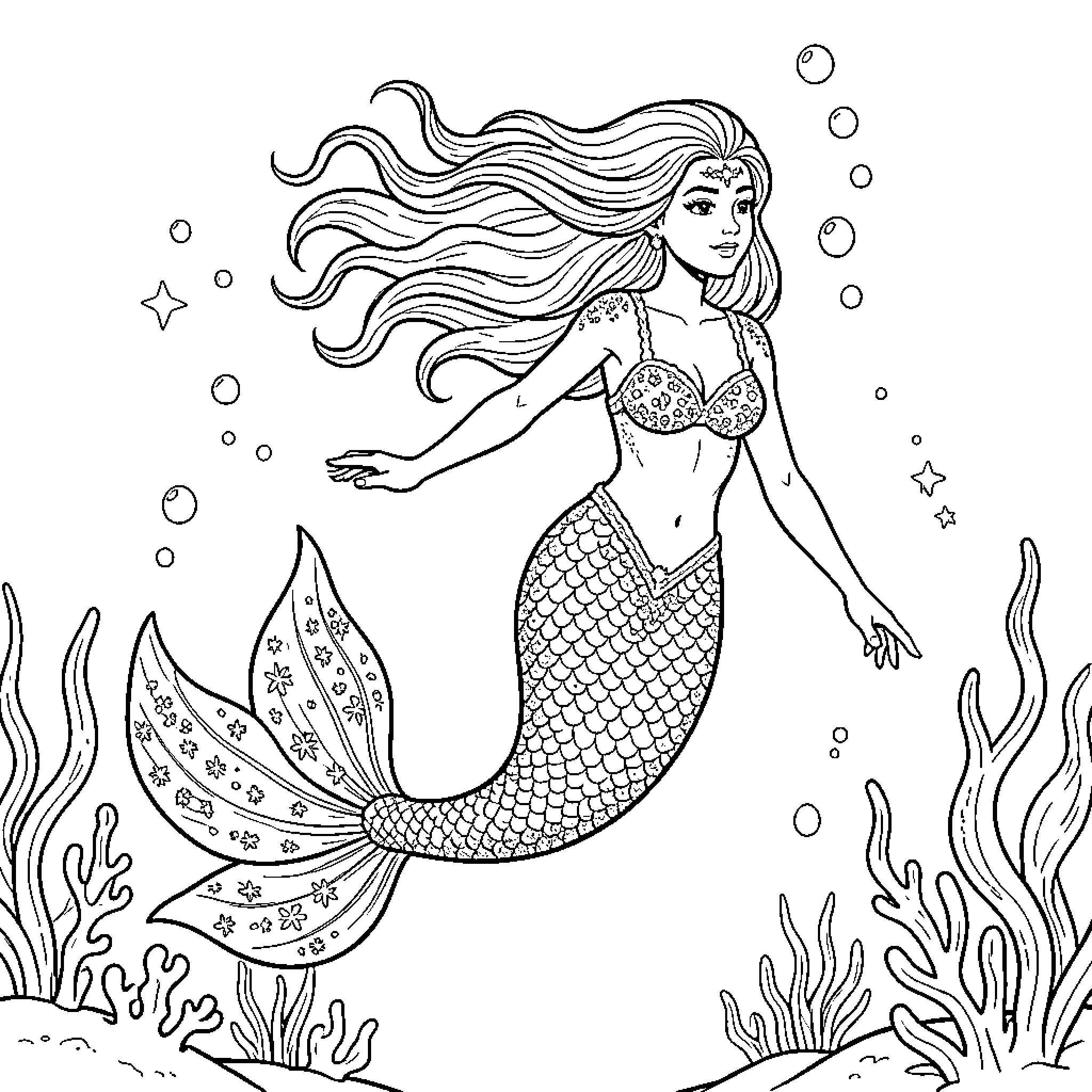 Mermaid swimming gracefully through the underwater world Coloring Page (free black-and-white line drawing printable PDF for all, from beginners to advanced learners, including children, teens, adults, and seniors)