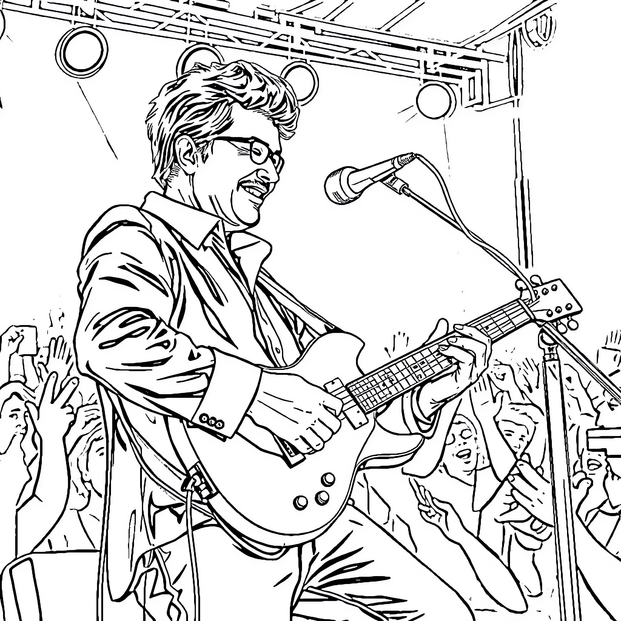 Marcelo Muñoz Padilla performing on stage with electric guitar Coloring Page (free black-and-white line drawing printable PDF for all, from beginners to advanced learners, including children, teens, adults, and seniors)