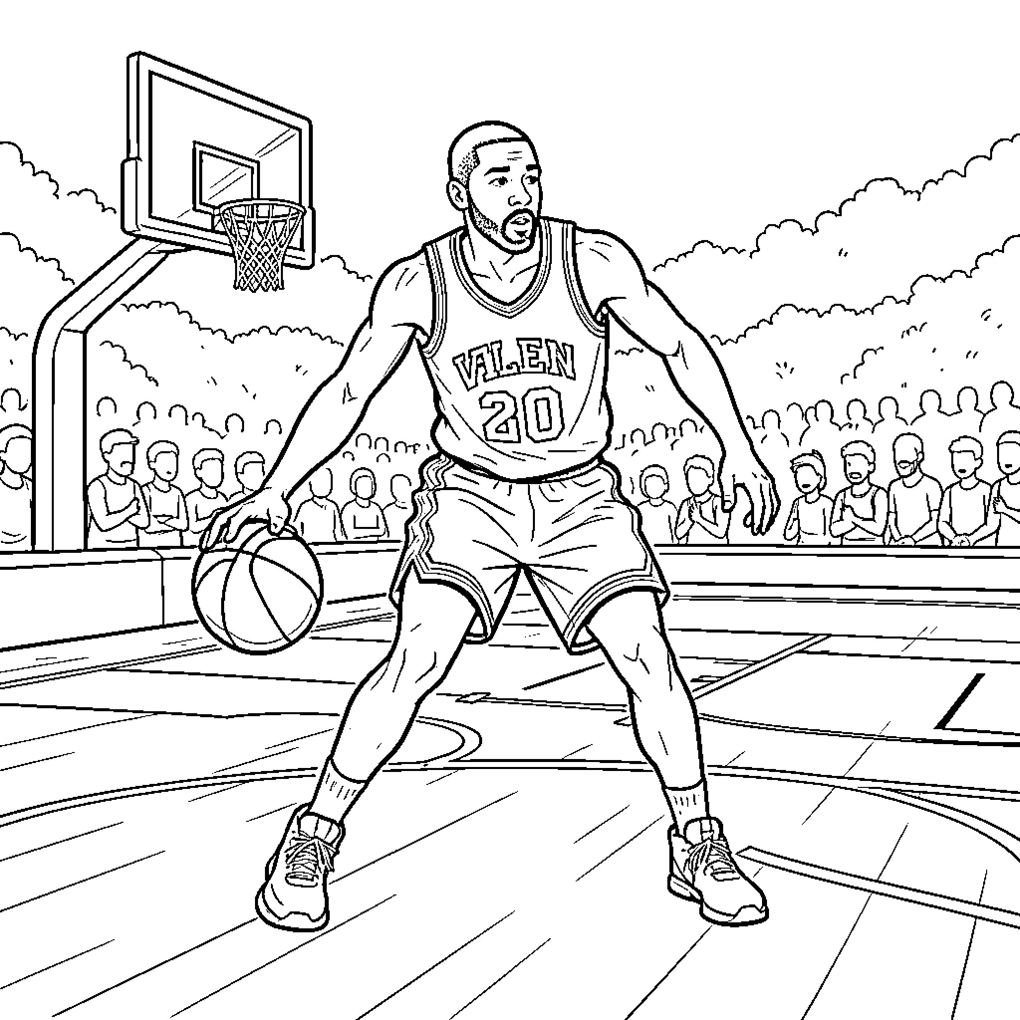 Allen Iverson dunking basketball on court Coloring Page (free black-and-white line drawing printable PDF for all, from beginners to advanced learners, including children, teens, adults, and seniors)