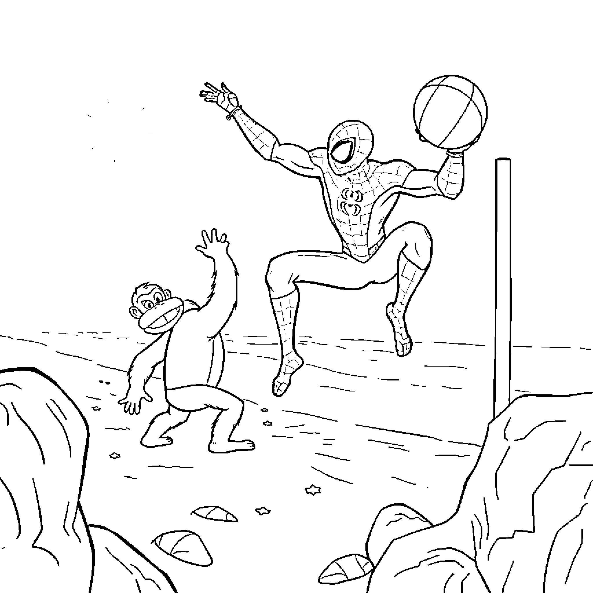 Spider-Man catching a beach ball with an opponent Coloring Page (free black-and-white line drawing printable PDF for all, from beginners to advanced learners, including children, teens, adults, and seniors)