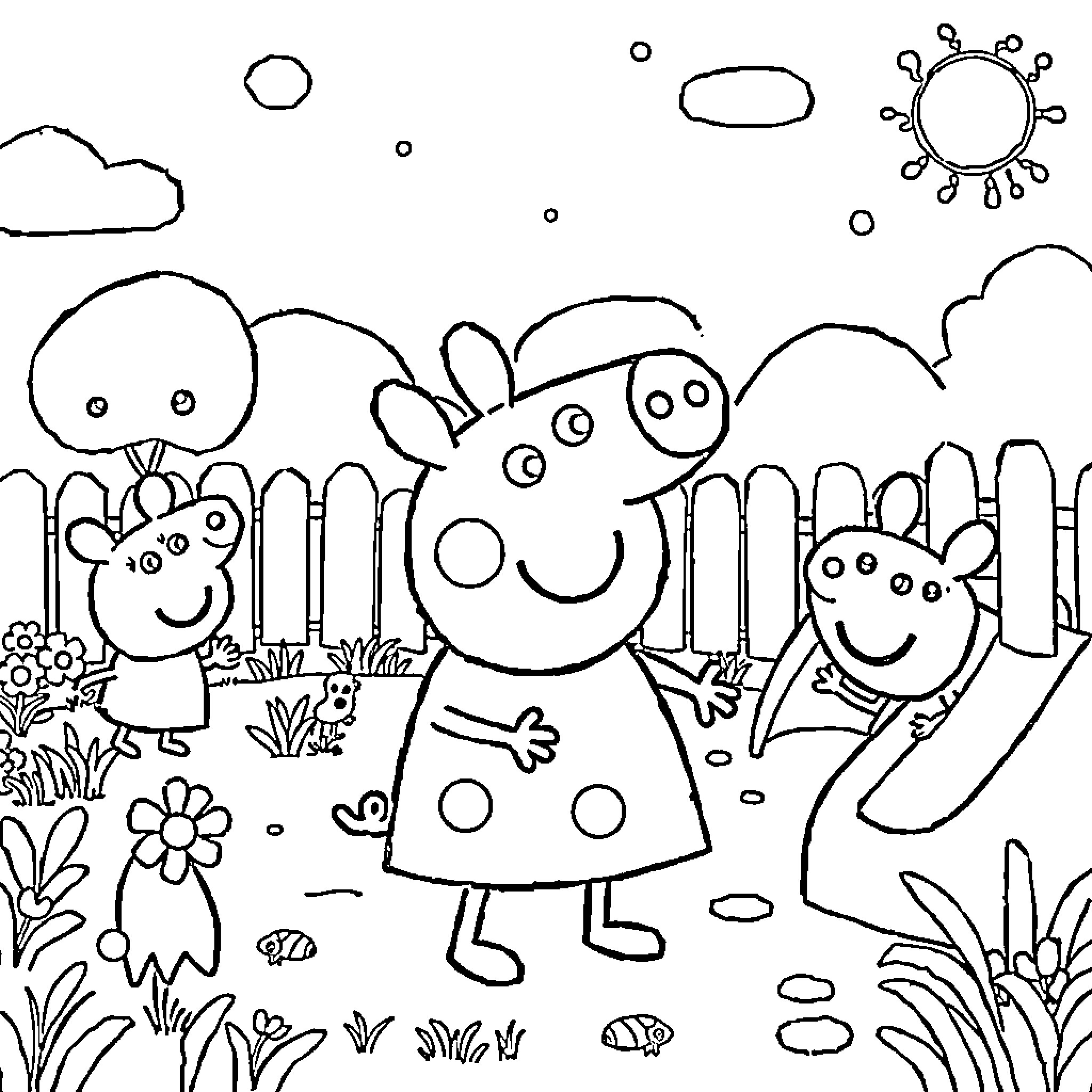 Peppa Pig and her friends enjoying nature Coloring Page (free black-and-white line drawing printable PDF for all, from beginners to advanced learners, including children, teens, adults, and seniors)