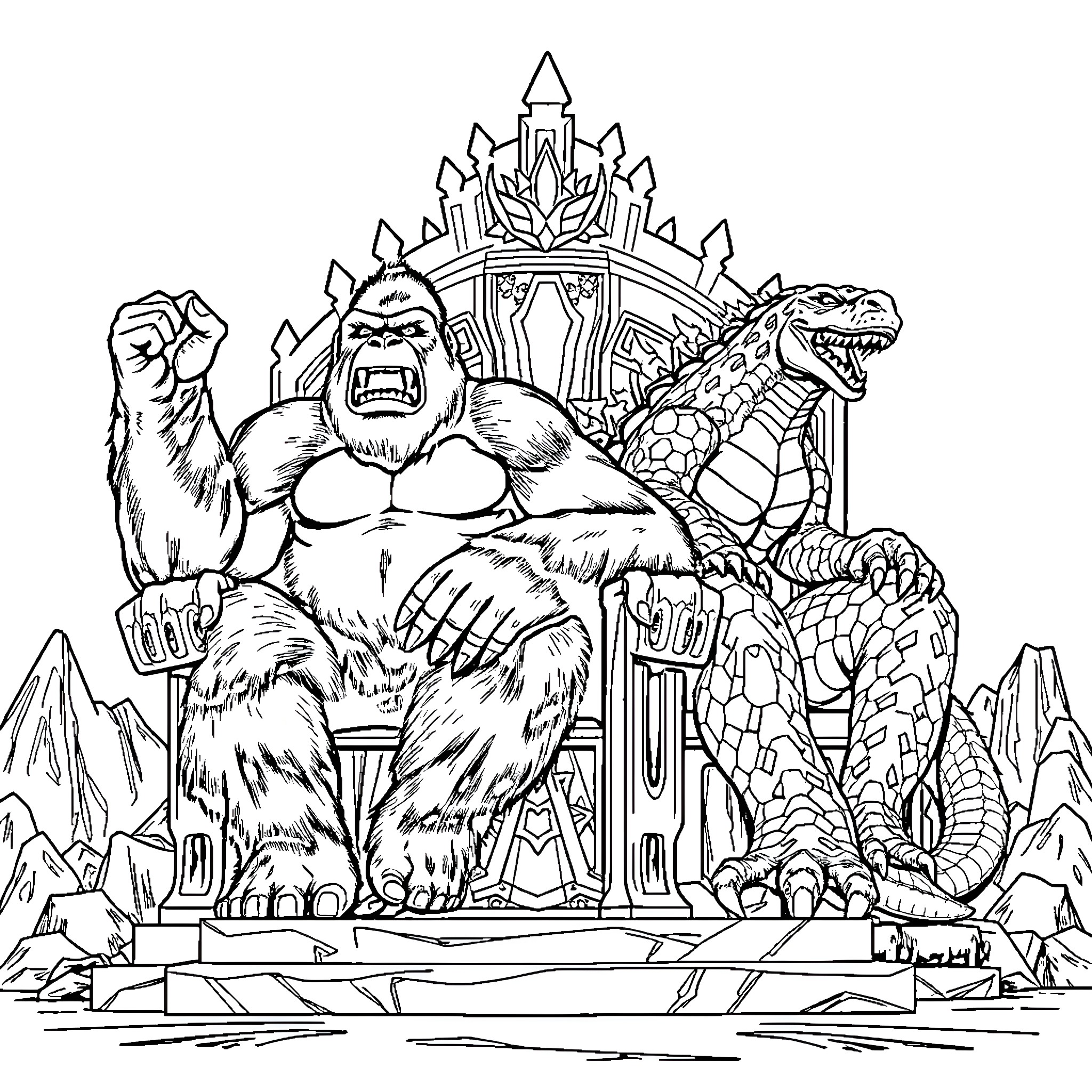 King Kong battles fierce reptilian creature in fantasy realm Coloring Page (free black-and-white line drawing printable PDF for all, from beginners to advanced learners, including children, teens, adults, and seniors)