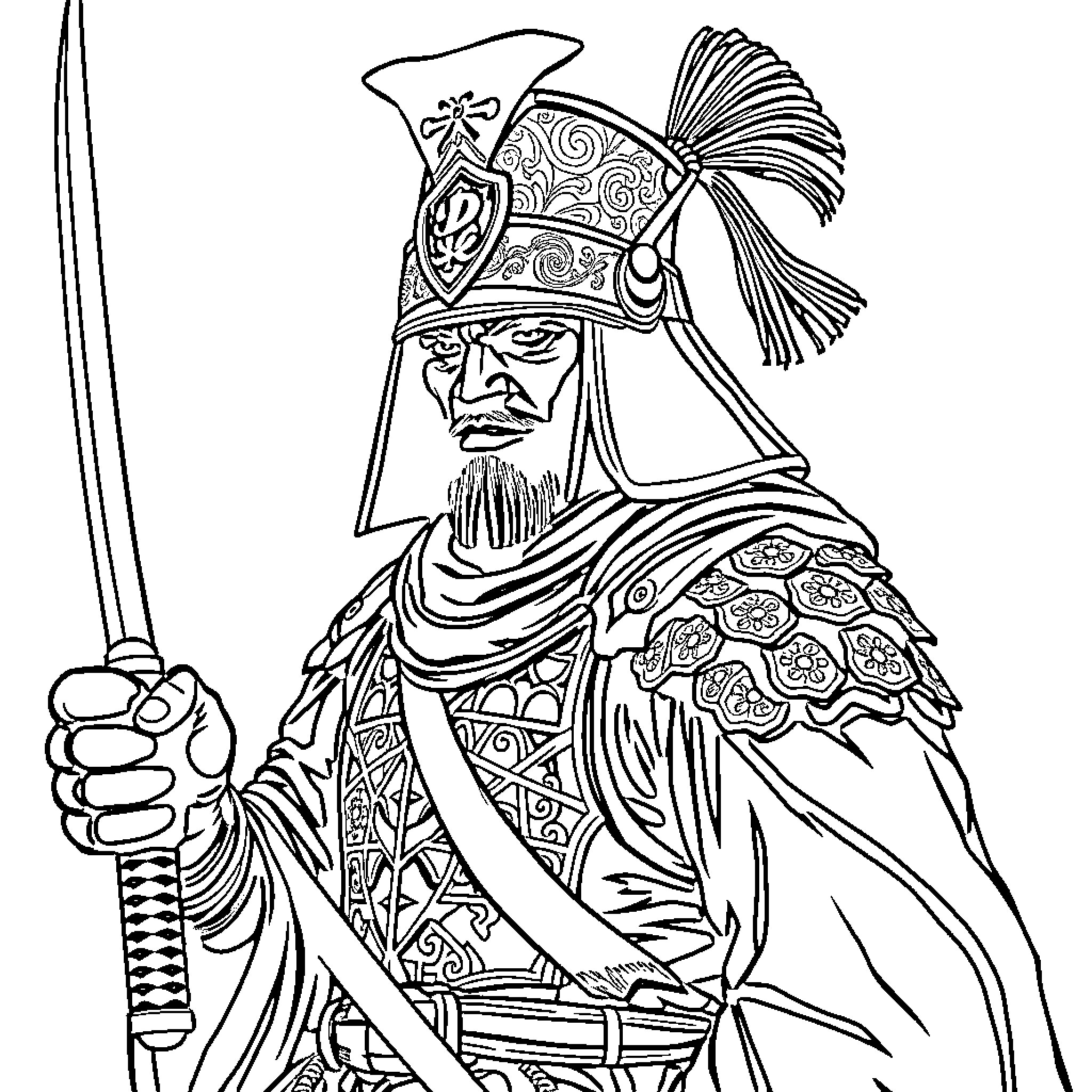Knight in ornate, elaborate armor wielding a sword Coloring Page (free black-and-white line drawing printable PDF for all, from beginners to advanced learners, including children, teens, adults, and seniors)