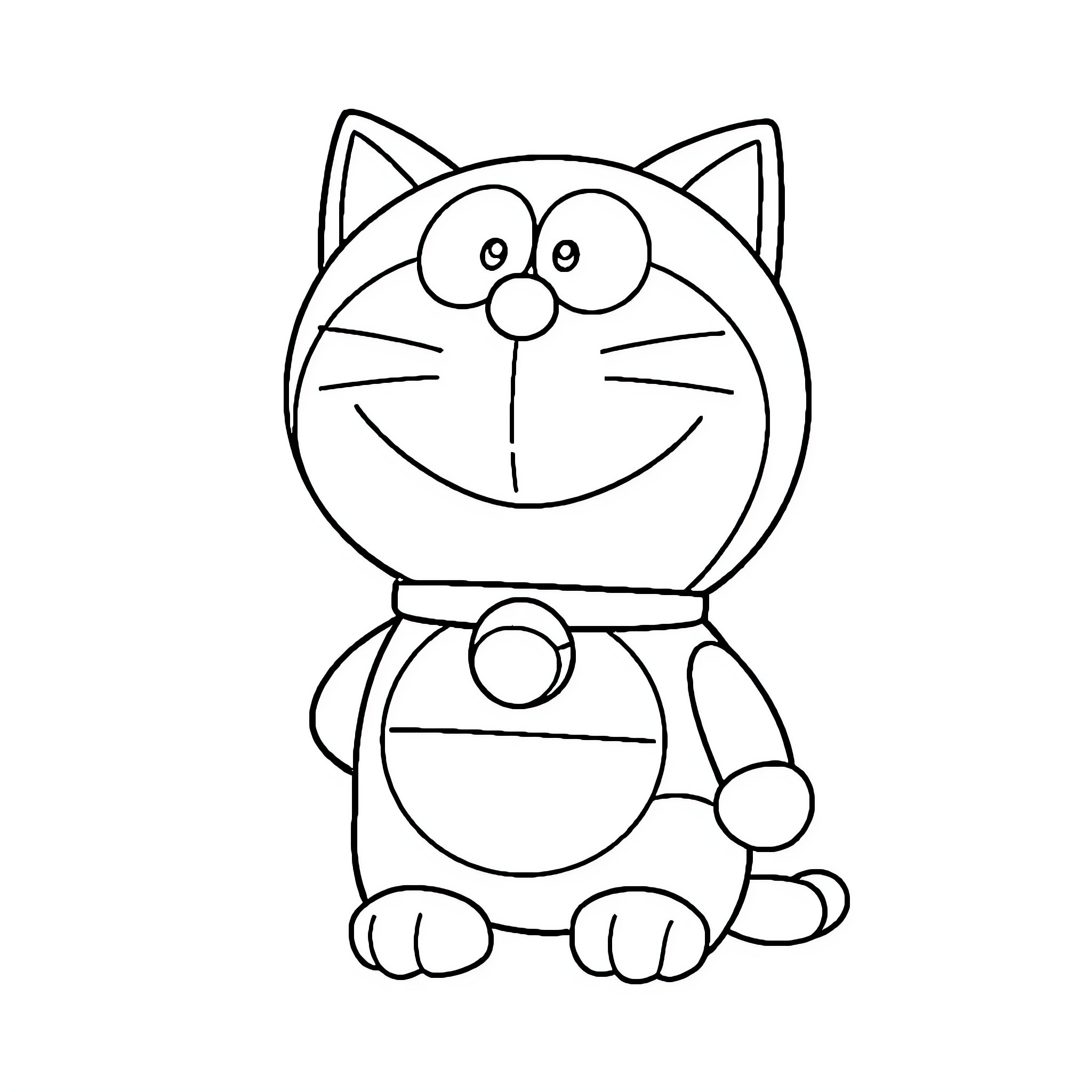 Doraemon, the Friendly Cat Robot Cartoon Character Coloring Page (free black-and-white line drawing printable PDF for all, from beginners to advanced learners, including children, teens, adults, and seniors)